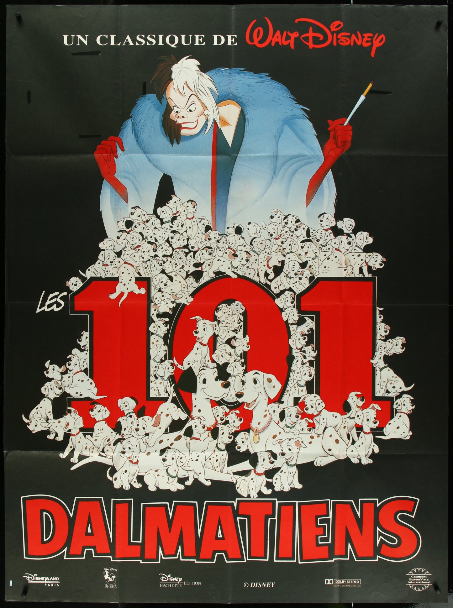 A vintage one-panel movie poster for '101 Dalmatians' featuring animated characters and a large number 101 in the center.