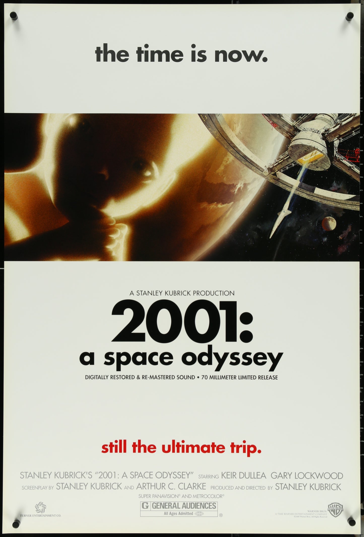 Original US one sheet movie poster for 2001: A Space Odyssey featuring the title and an image of a spacecraft with a human figure on it.