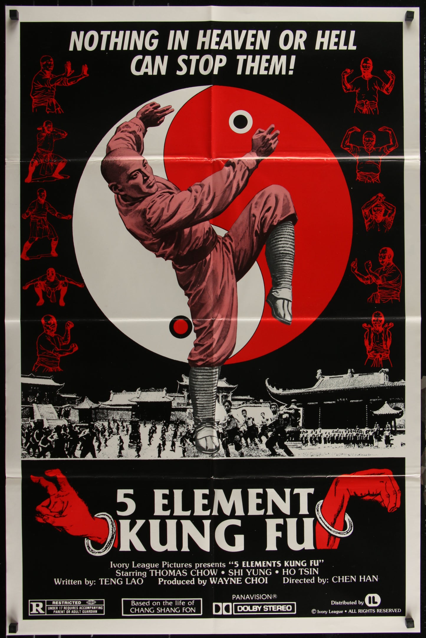 Vintage style movie poster for '5 Element Kung Fu' featuring a red and black color scheme with an illustration of a martial arts character in action.