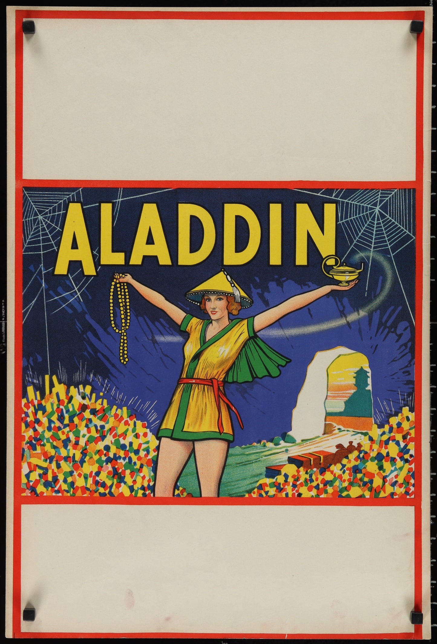 Vintage-style poster with 'Aladdin' branding featuring a character in a cave setting.