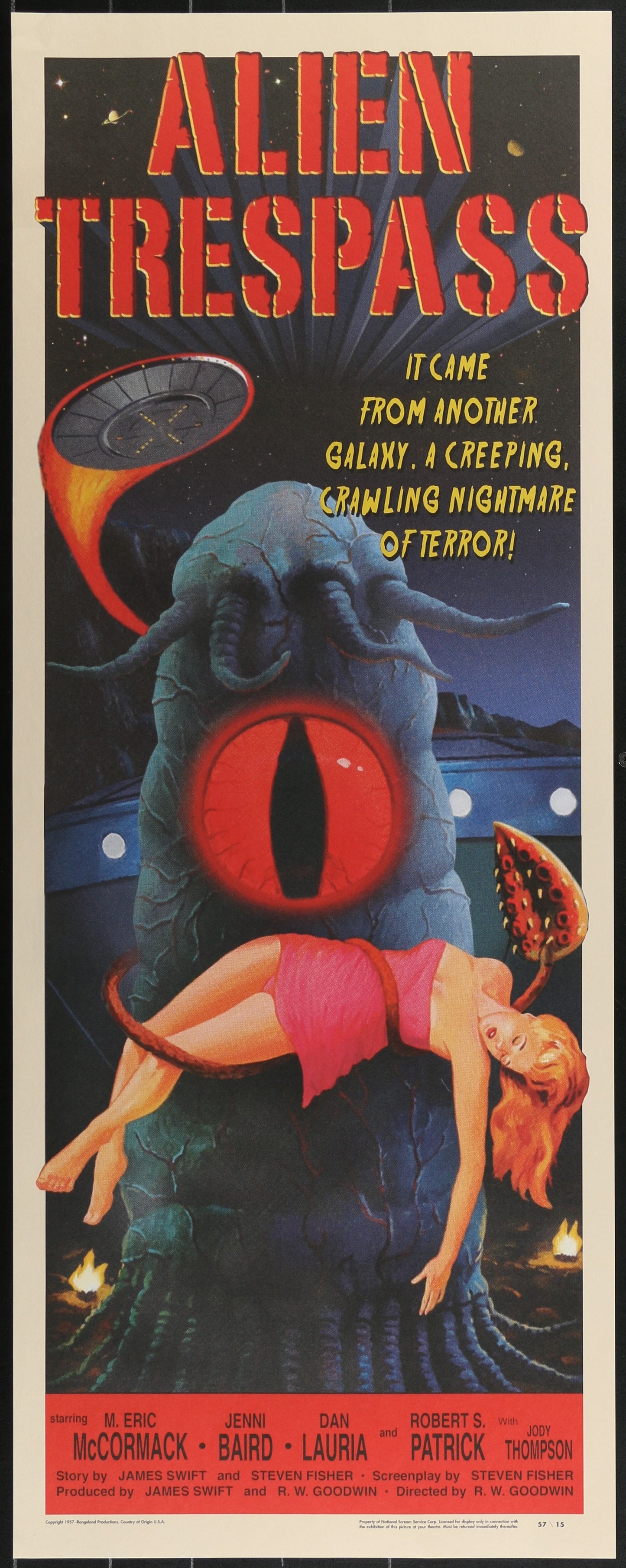 Vintage movie poster for 'Alien Trespass' with a creature and a woman.
