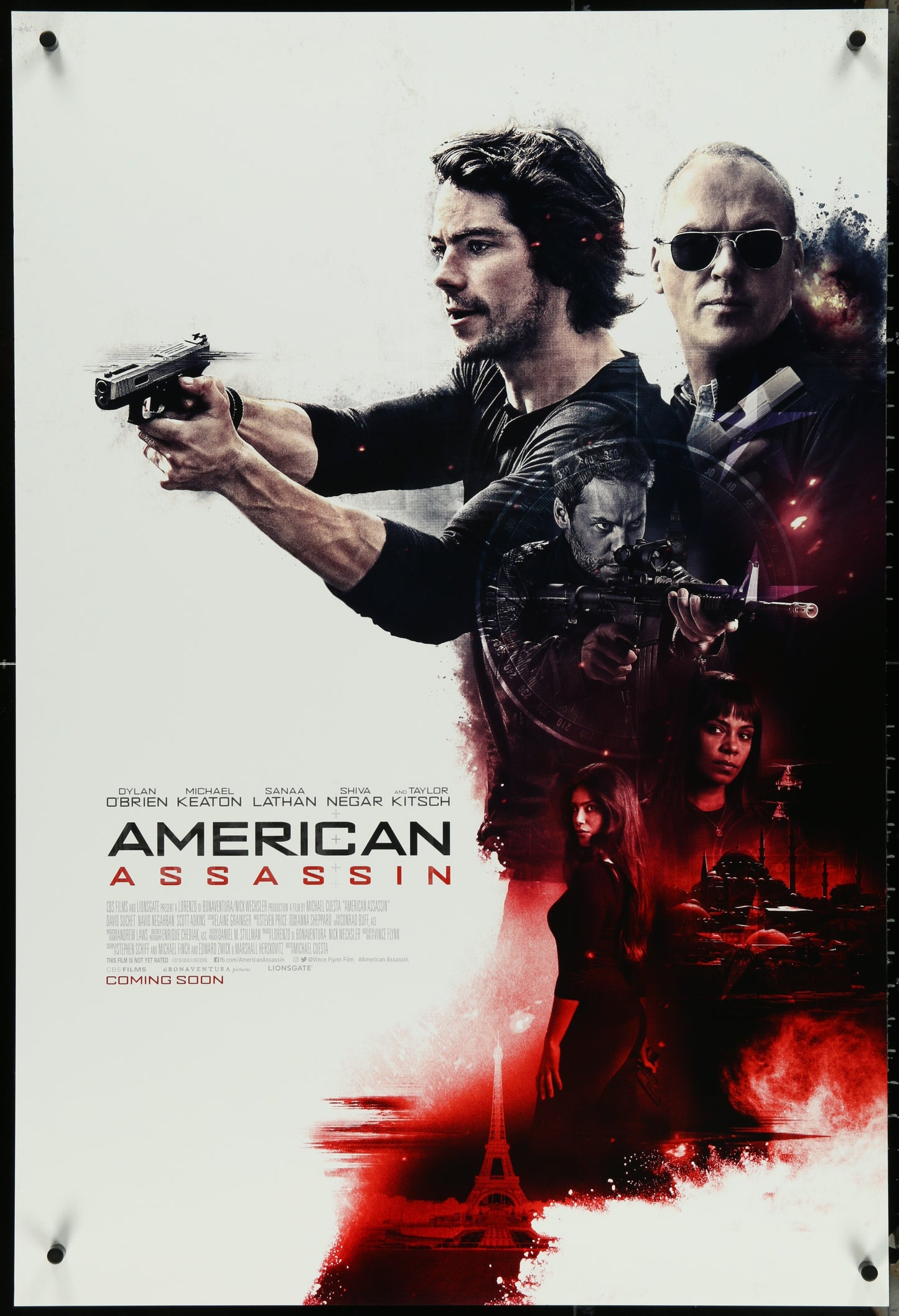 Movie poster for 'American Assassin' featuring a man holding a gun and another character in sunglasses.