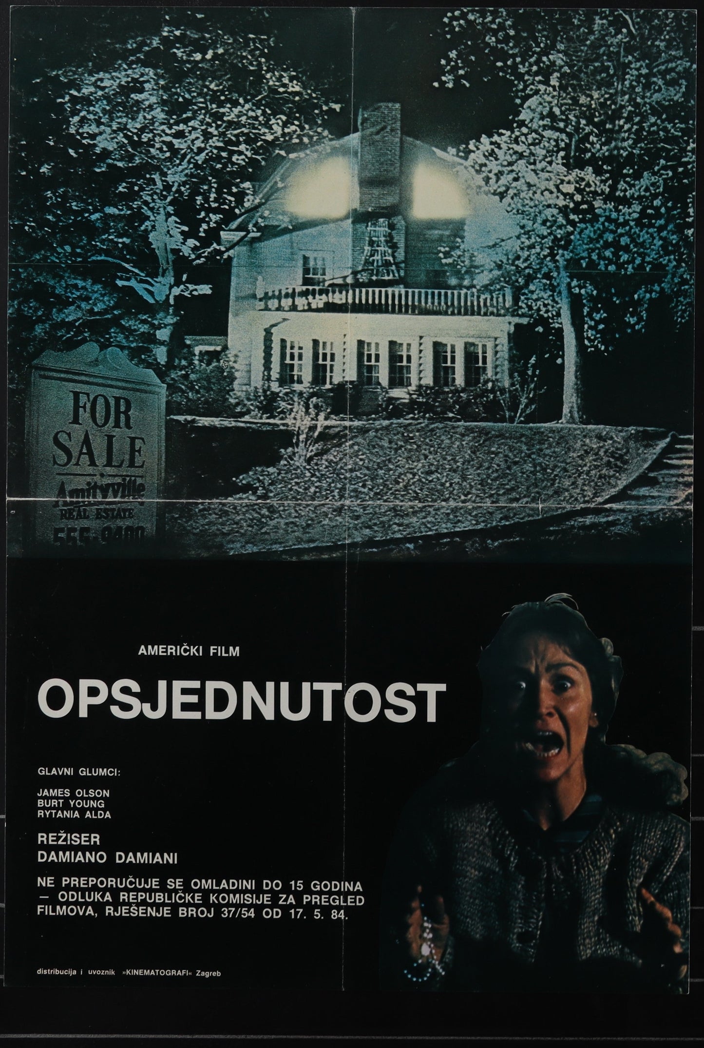 Original Yugoslavian movie poster for Amityville II featuring a house with a 'For Sale' sign in the background and a man's face in the foreground.