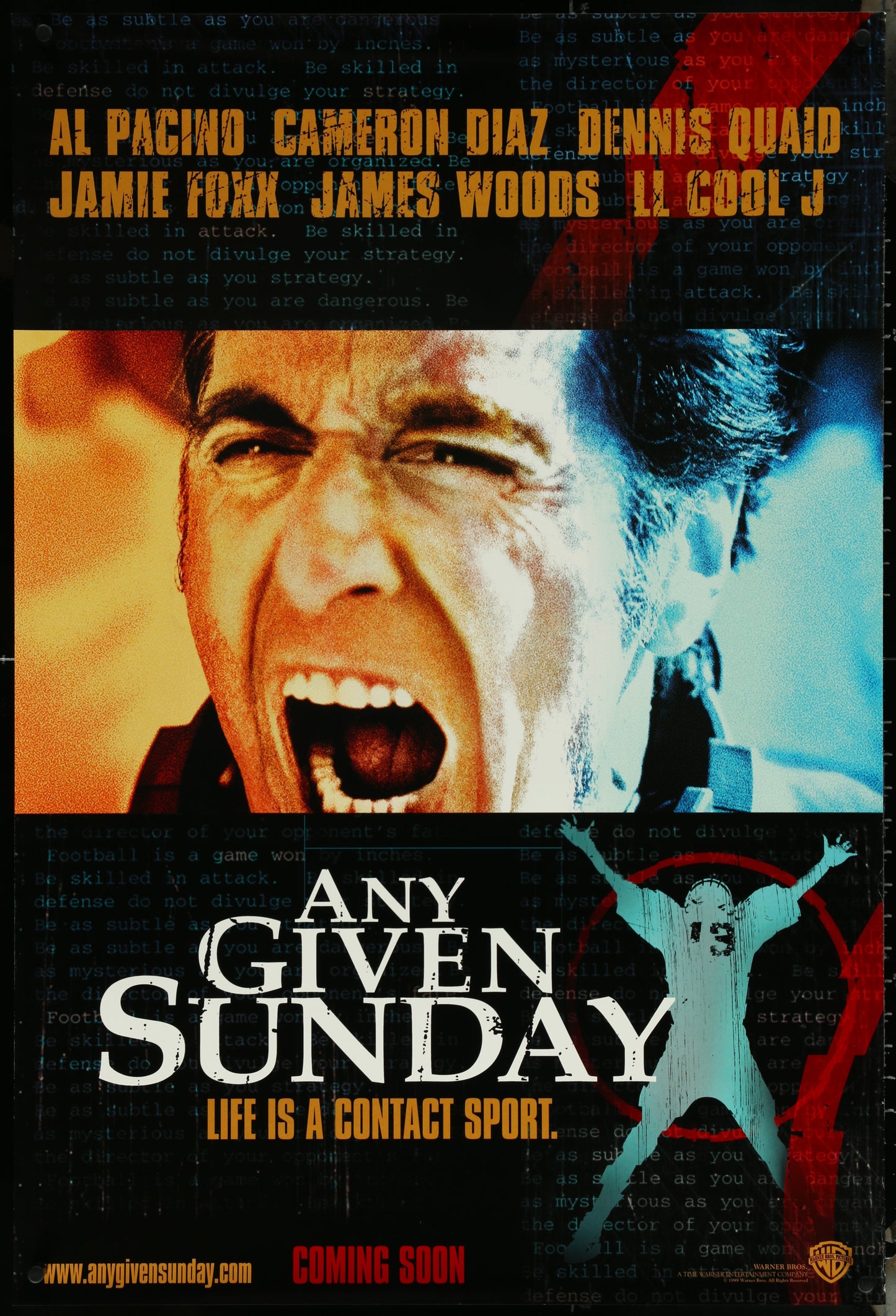 Movie poster for 'Any Given Sunday' with a dramatic image of Al Pacino yelling and a superhero figure.