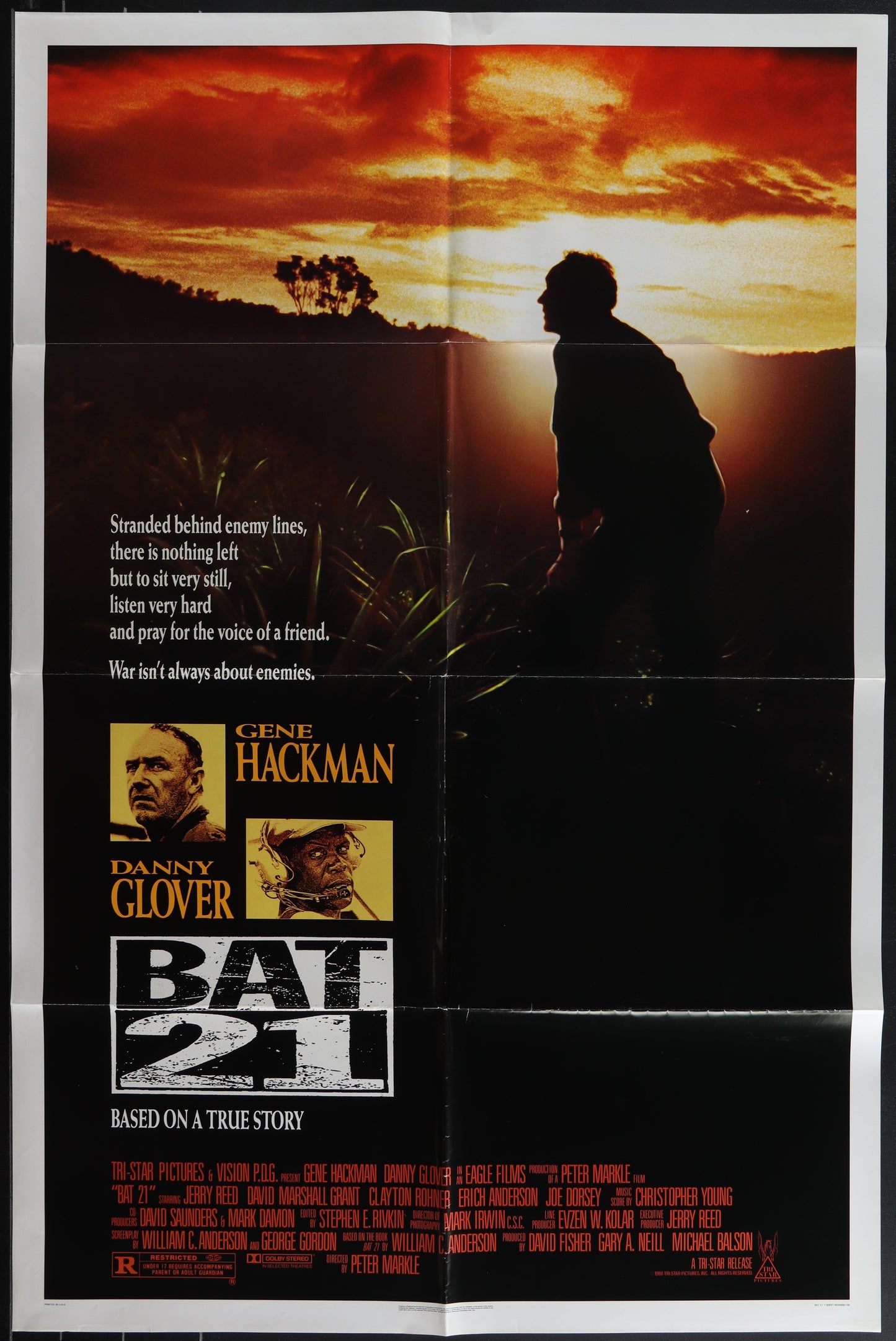 Original US one-sheet movie poster for 'Bat 21' featuring a silhouette of a man with a sunset background. Actors Gene Hackman and Danny Glover are prominently displayed.