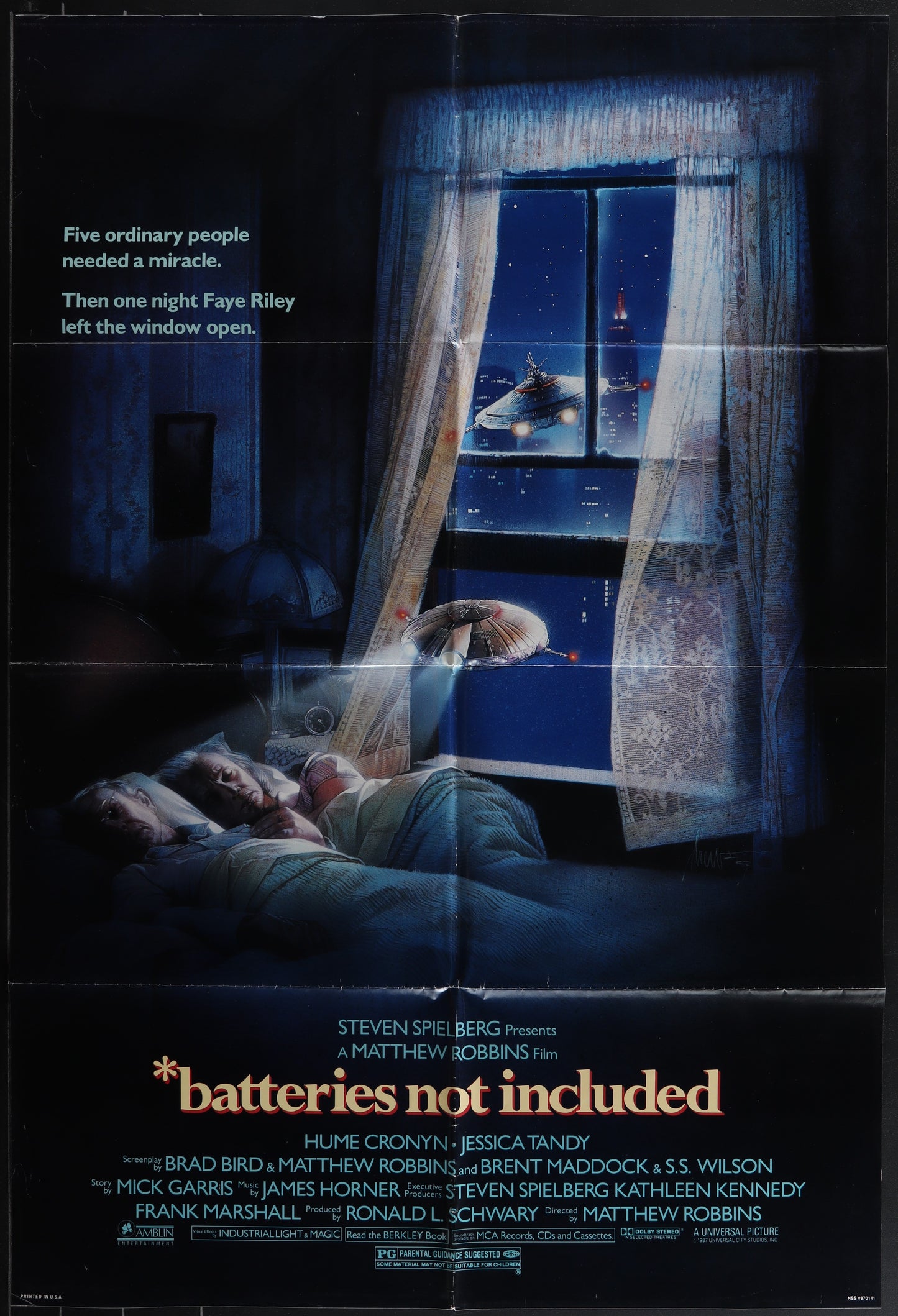 Vintage one-sheet movie poster for 'Batteries Not Included' featuring an illustration of a UFO, with a silhouette of a person and a dog looking out of a window at night.