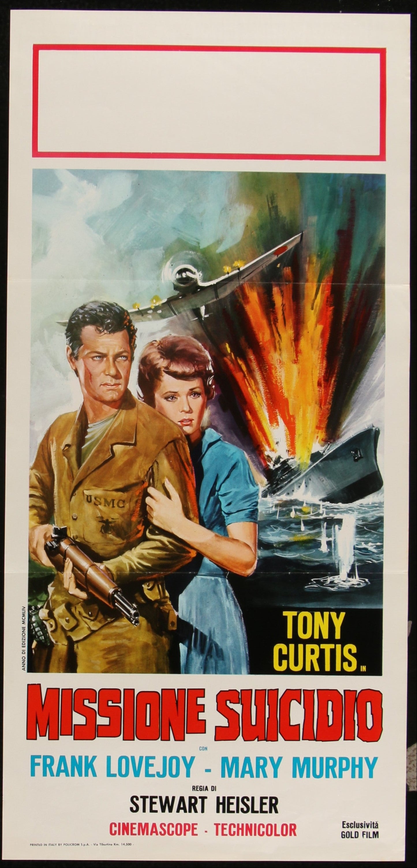 Vintage movie poster featuring two characters in front of a ship with an explosion, with 'Tony Curtis' and 'Missoni Suicidio' text.