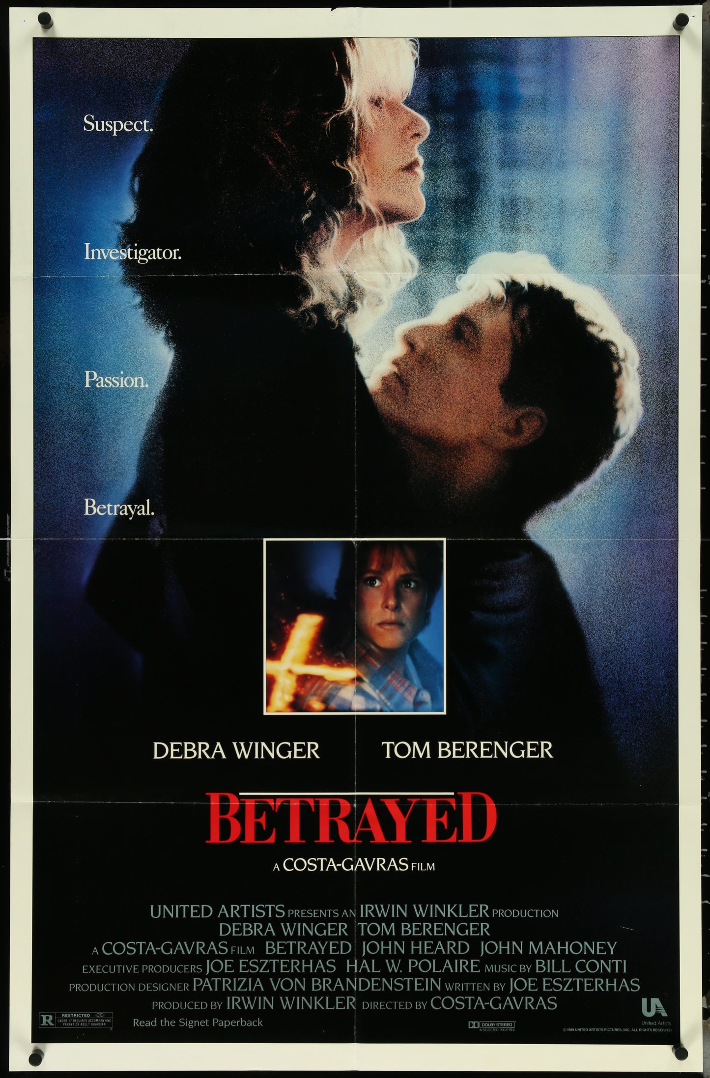 Original US one sheet movie poster for 'Betrayed' featuring images of the main characters in a dramatic pose against a dark background.