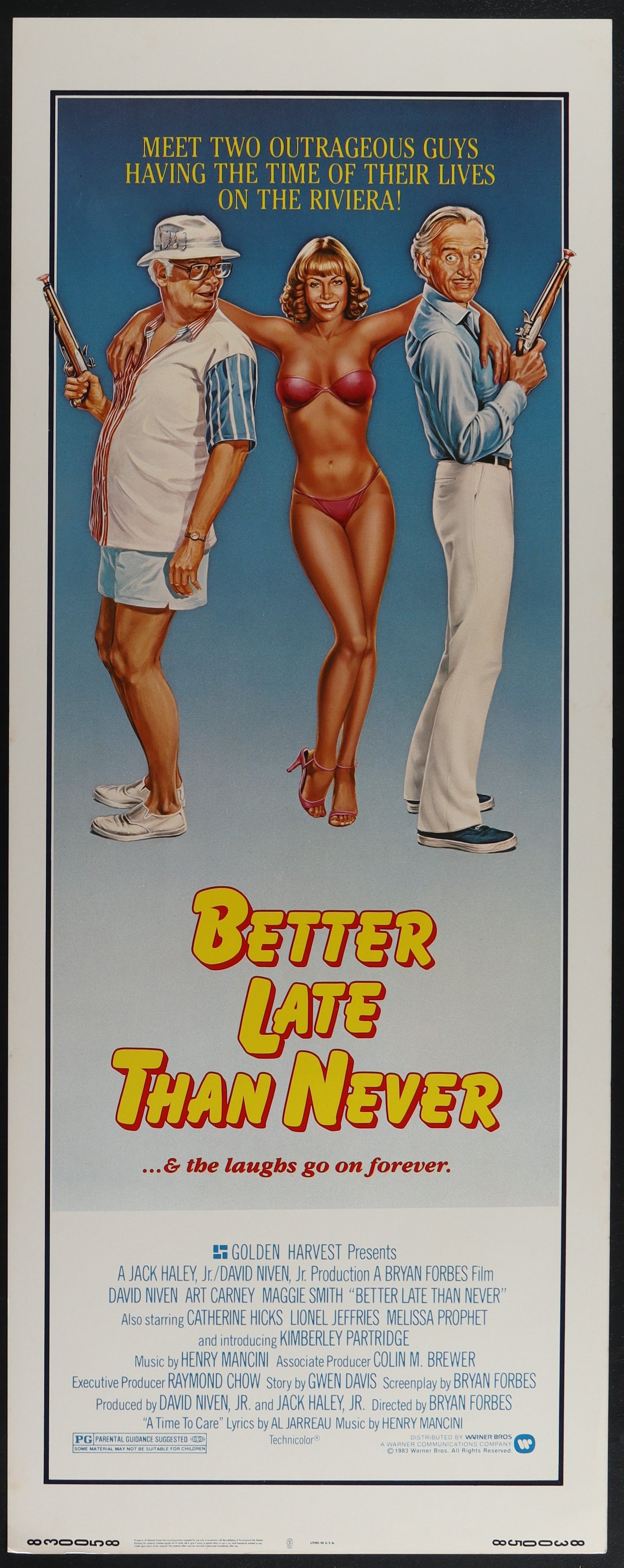 A vintage movie poster for 'Better Late Than Never' featuring images of the actors David Niven, Art Carney, and Maggie Smith in a vertical layout, with the title and details of the film printed at the bottom.