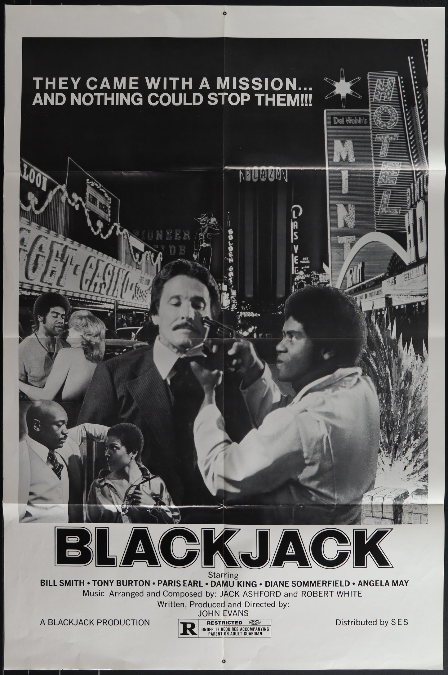 A black and white photo of a vintage movie poster for 'Blackjack (1978)' featuring two men on a city street.