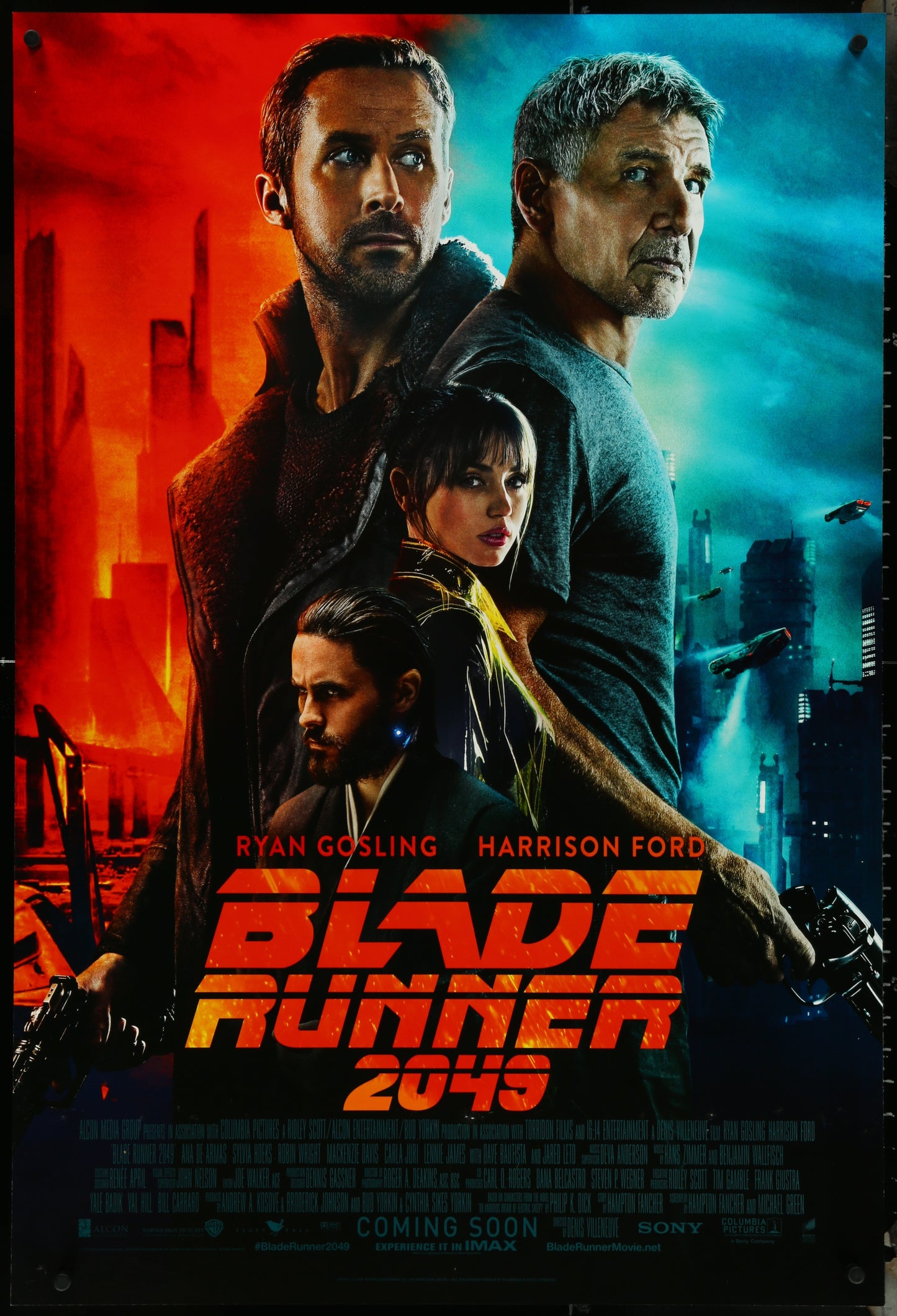 A movie poster for 'Blade Runner 2049' featuring images of the main characters with a dystopian background. The poster has a red and blue tinted background with the movie title at the top.
