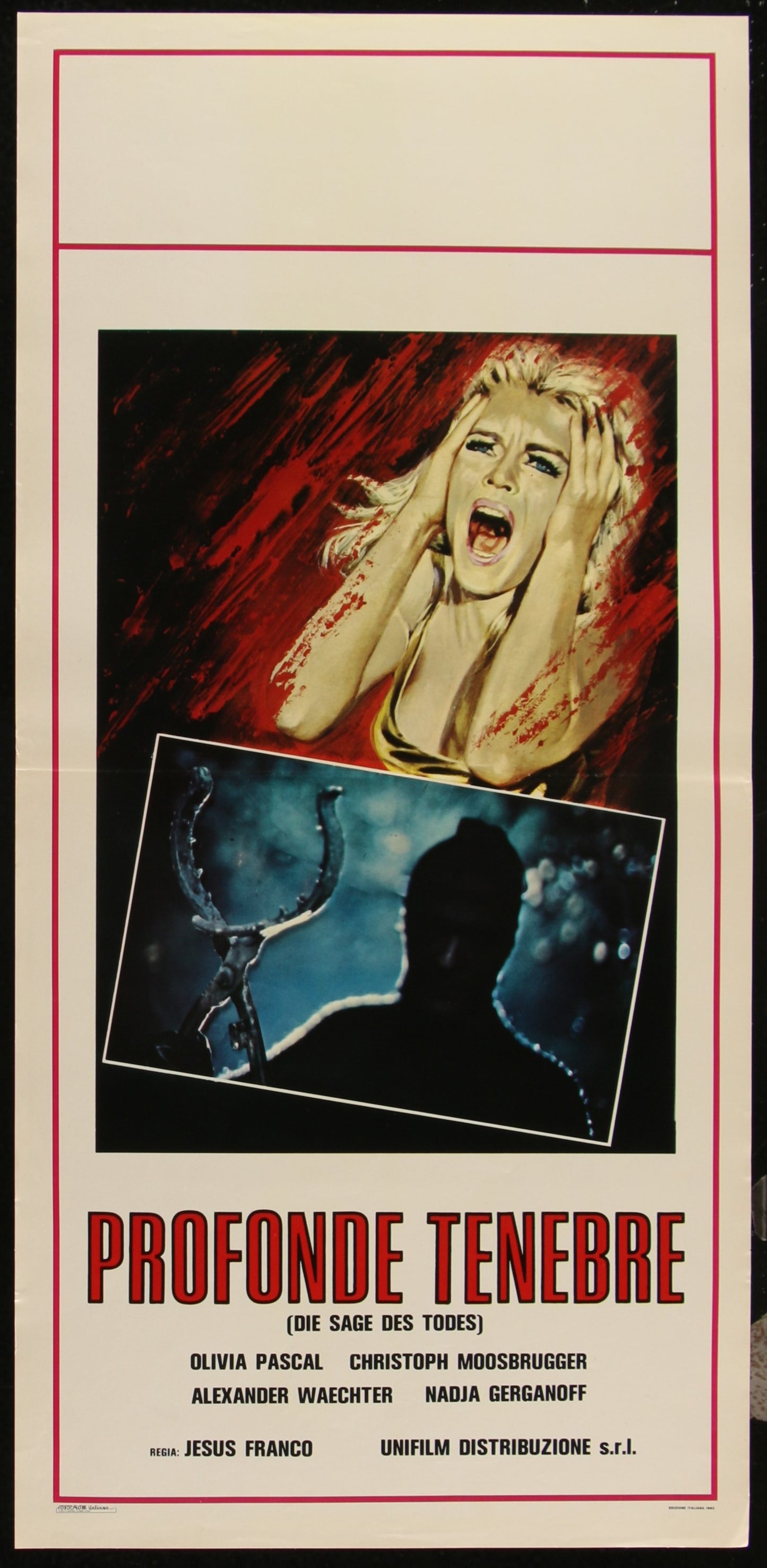 Vintage US one sheet movie poster for 'Bloody Moon' featuring a black and red design with images of a screaming woman and a man with a knife.