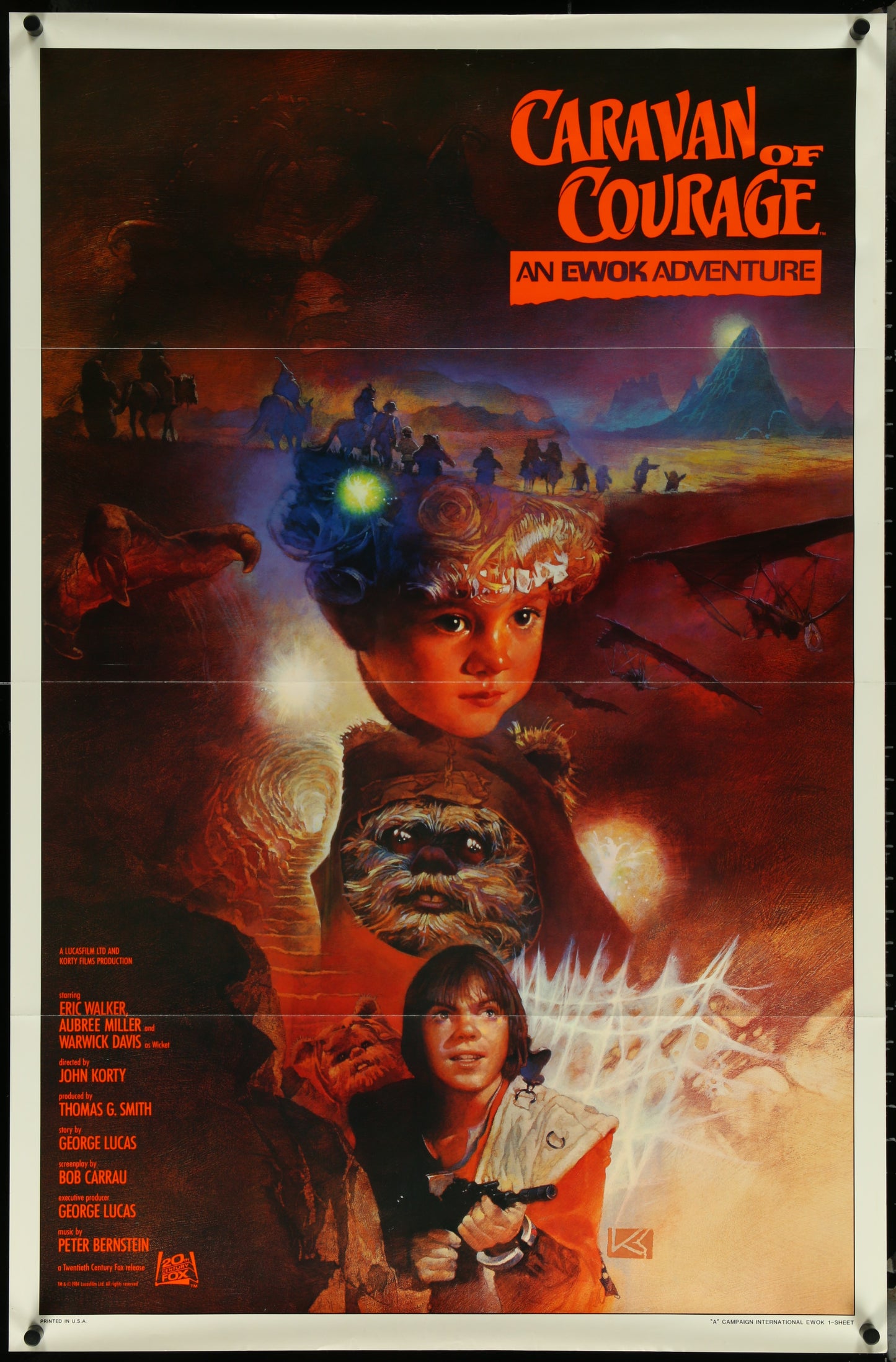 Movie poster for 'Caravan of Courage: An Ewok Adventure' featuring a young boy and Ewoks in a fantasy landscape.