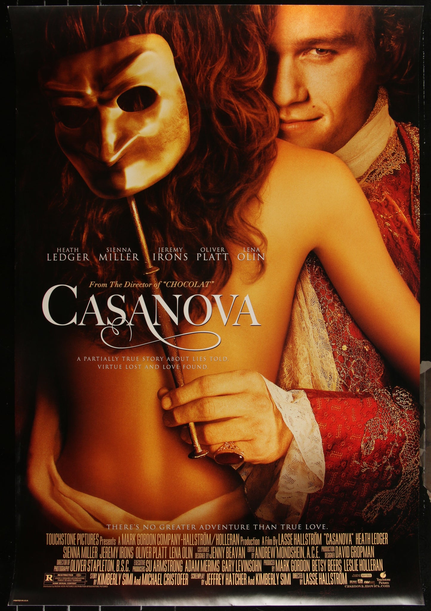 A vintage style movie poster featuring a man and a woman, likely representing the main characters in the film 'Casanova', with a mask and a sword.