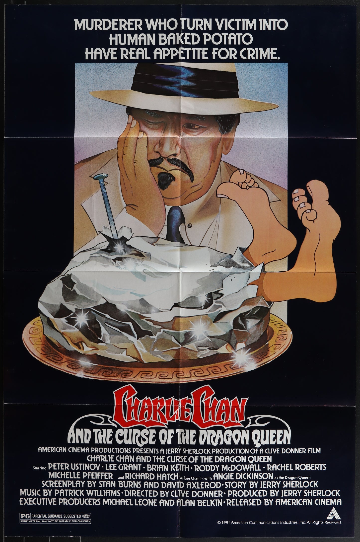 Vintage movie poster for 'Charlie Chan And the Curse Of The Dragon Queen' featuring a portrait of a man with a hat and a scepter, resembling the main character, with a large cake in the background.