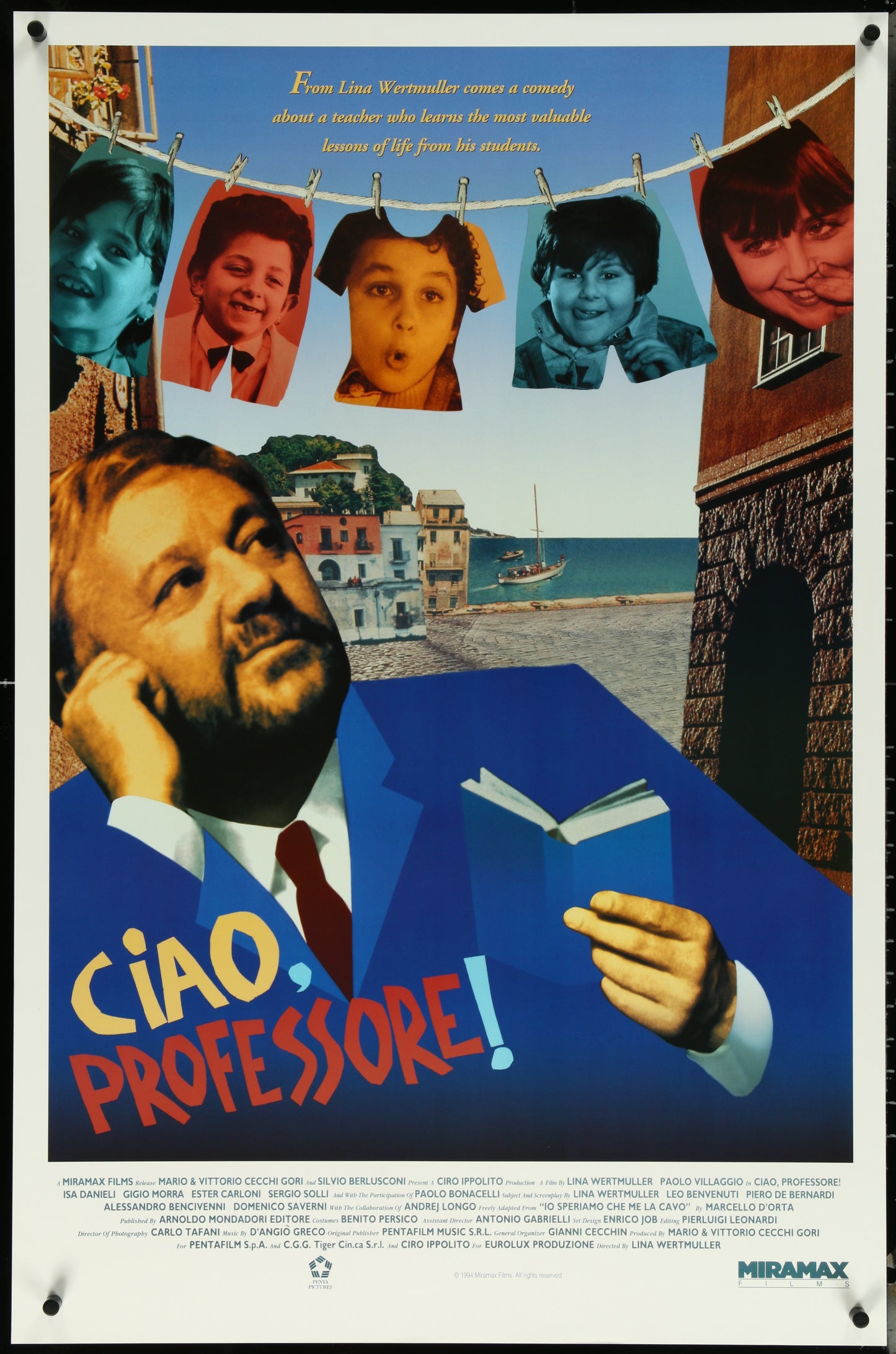 Vintage movie poster for 'Ciao, Professore!' featuring a man in a suit reading a book, with a background suggesting a school or university setting.