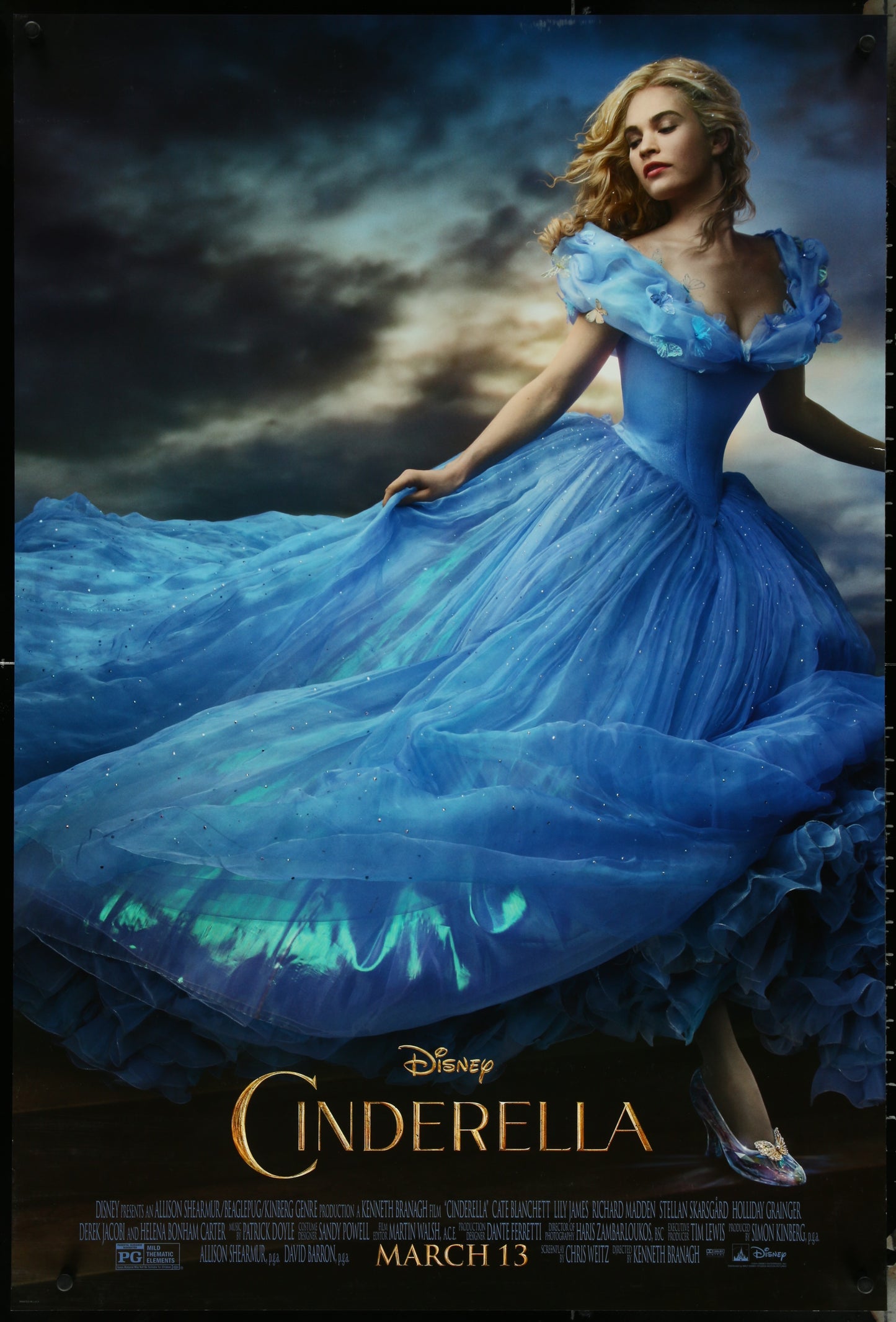 An unfolded double-sided advance one-sheet movie poster for the 2015 Cinderella film, featuring Cate Blanchett and Lily James with a blue Cinderella dress.