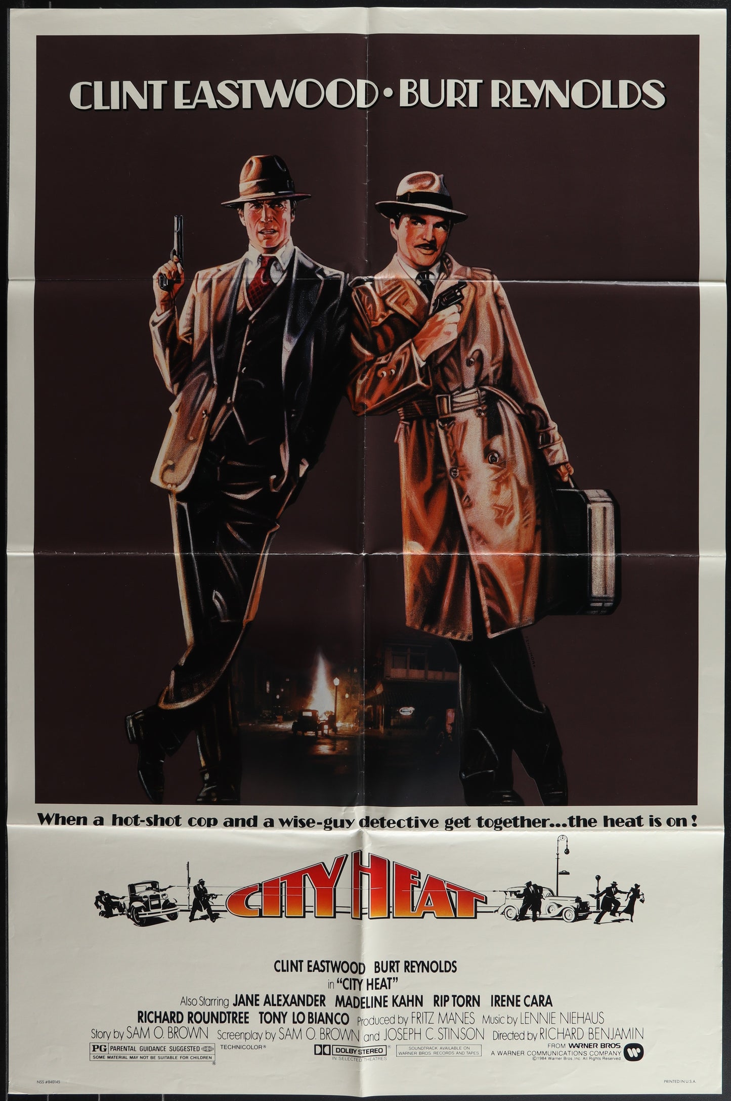 Original US one sheet movie poster for City Heat (1984) featuring Clint Eastwood and Burt Reynolds in gangster roles, with the film's title and details at the bottom.