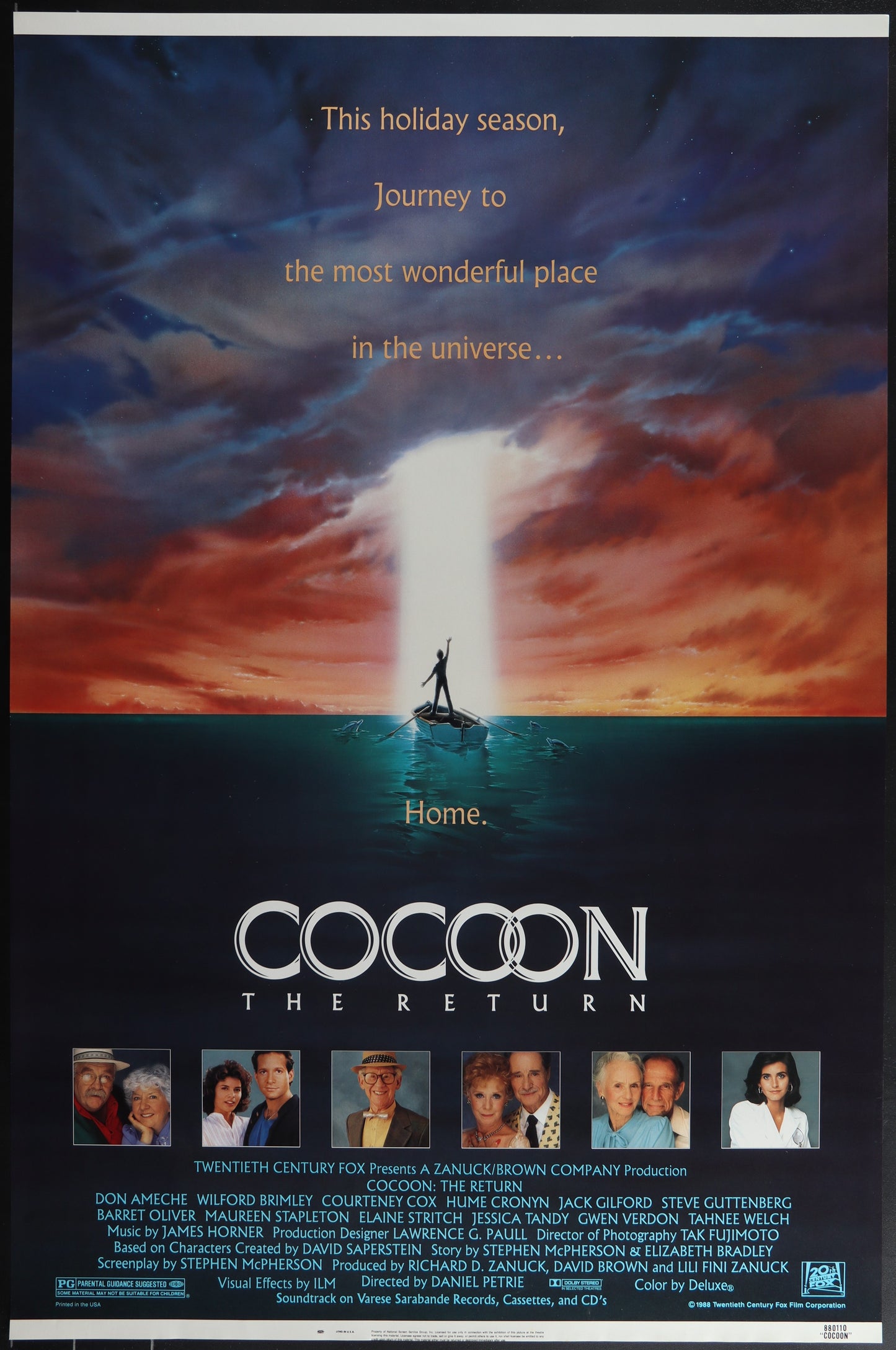 Original US one-sheet movie poster for 'Cocoon: The Return' featuring a stylized depiction of the movie's scene with the Cocoon spacecraft over a body of water at sunset, along with a cast list and text promoting the film.