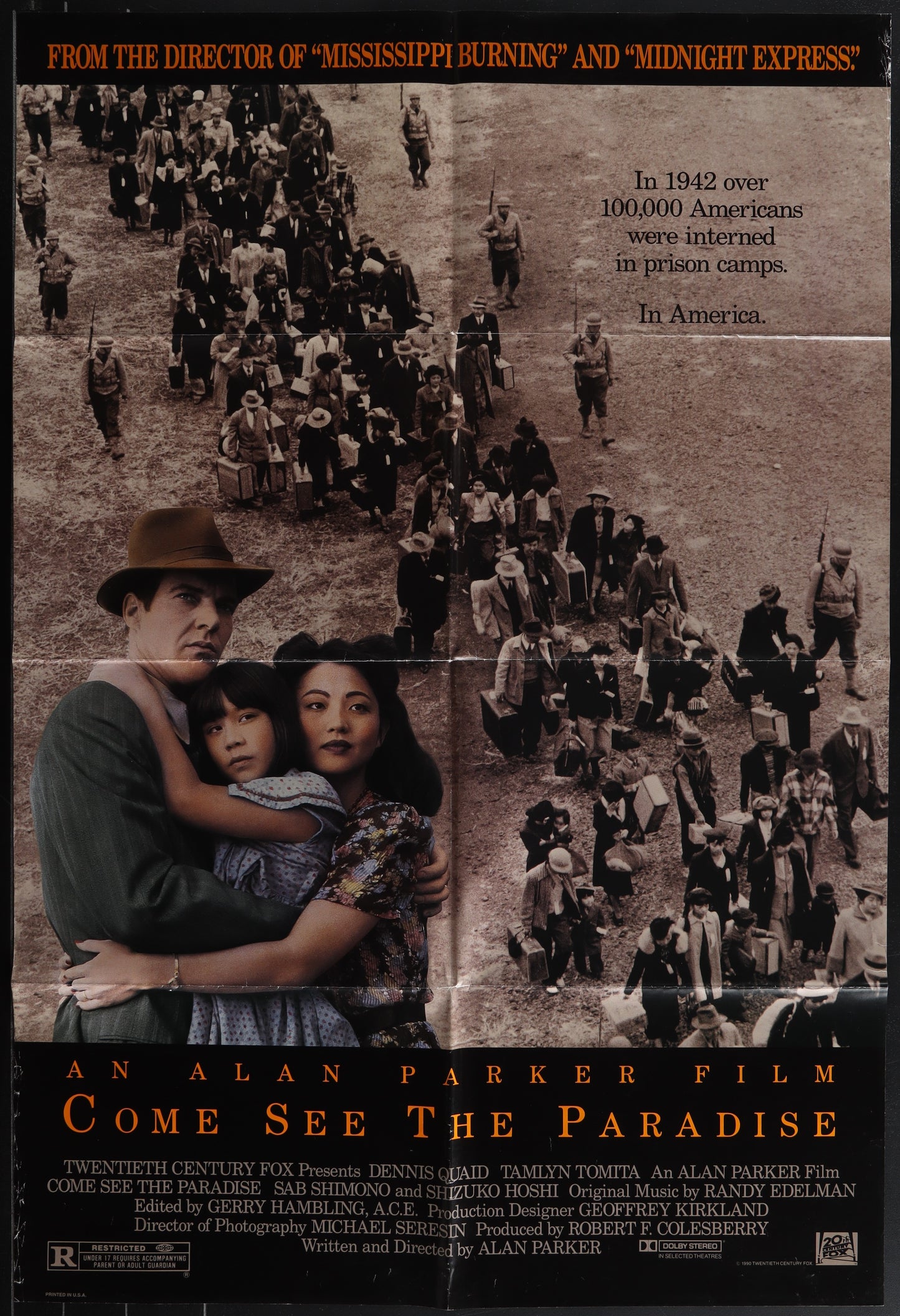 Original US one-sheet movie poster for 'Come See The Paradise' featuring black and white photographs of the main characters with a historical background.