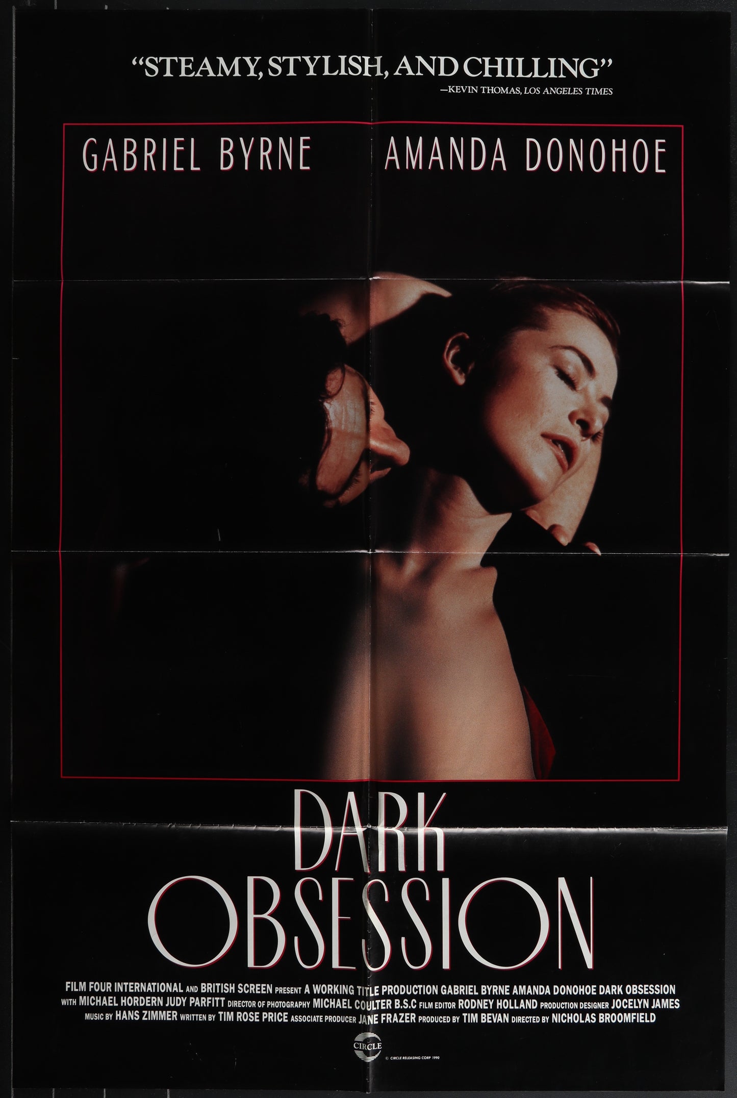 Original US one sheet movie poster for 'Dark Obsession' featuring a black and white image of two people, with the title text below.