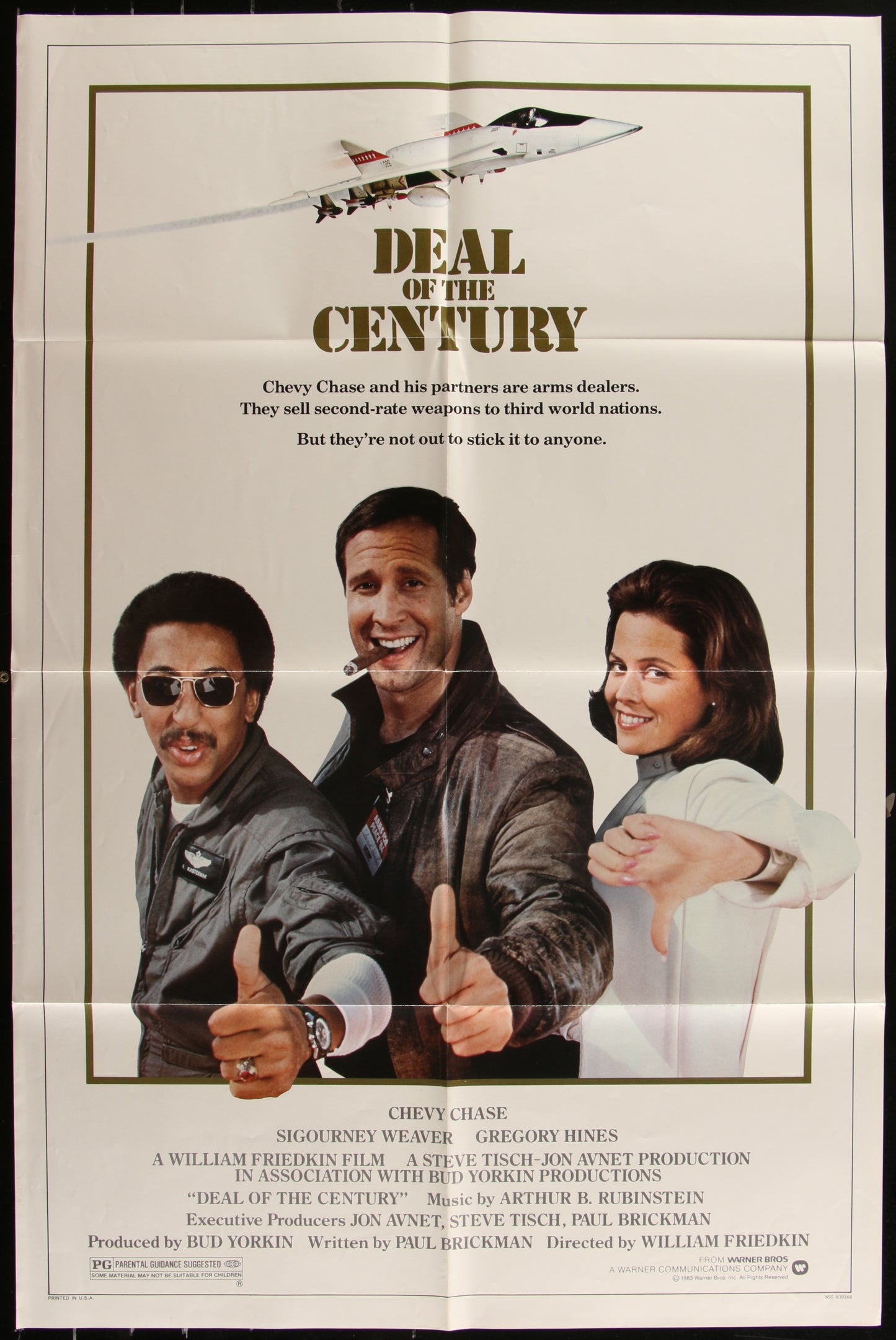 A vintage one-sheet movie poster for 'Deal Of The Century' featuring images of Chevy Chase, Sigourney Weaver, and Gregory Hines with a thumbs up gesture.