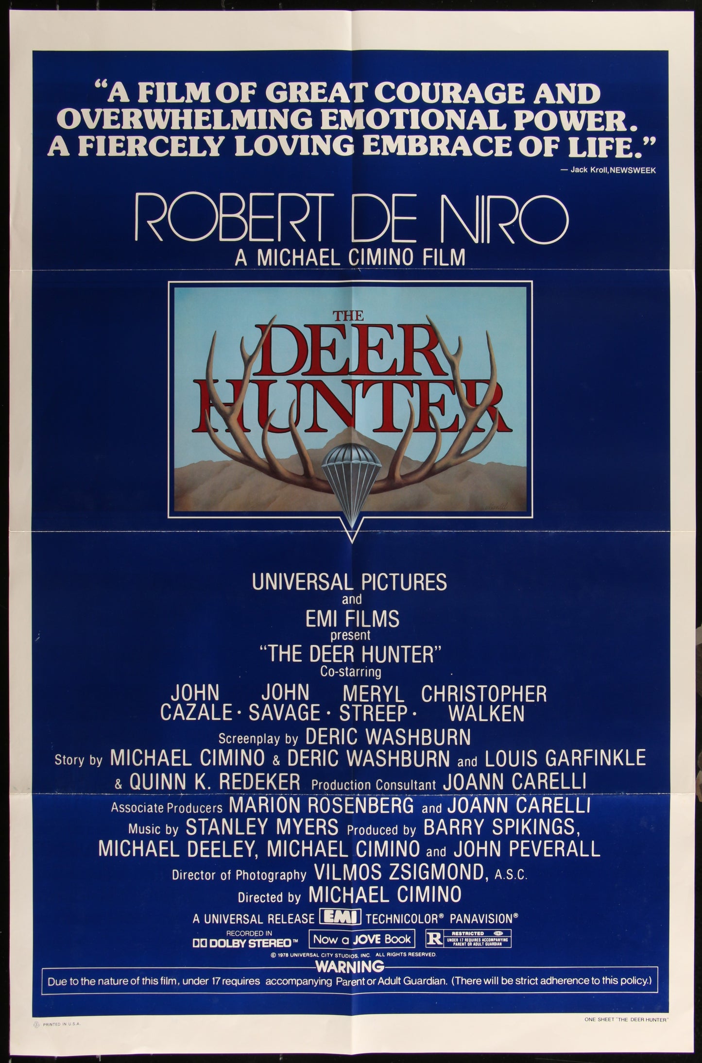 A vintage movie poster for 'The Deer Hunter' featuring a forest and deer imagery with the film's title prominently displayed. The poster has text indicating it's a Universal Pictures film, with a cast list including Robert De Niro, John Savage, Meryl Streep, and Christopher Walken.
