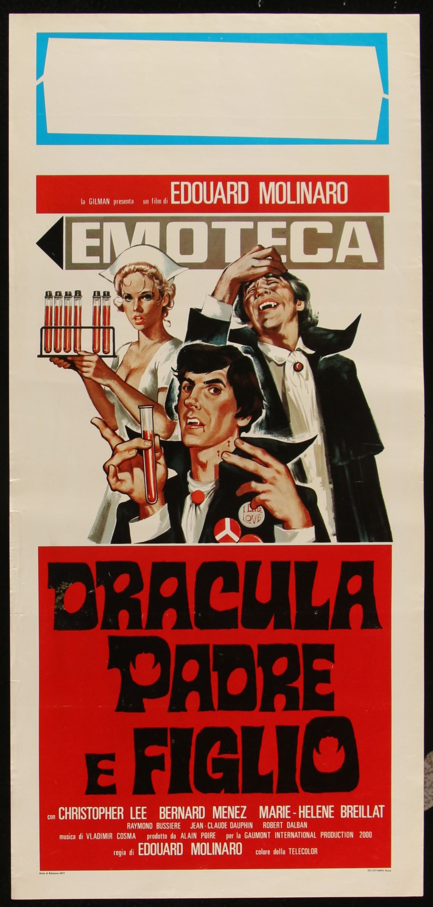 Original Italian movie poster for 'Dracula And Son' featuring characters in a dramatic pose with a vampire theme.