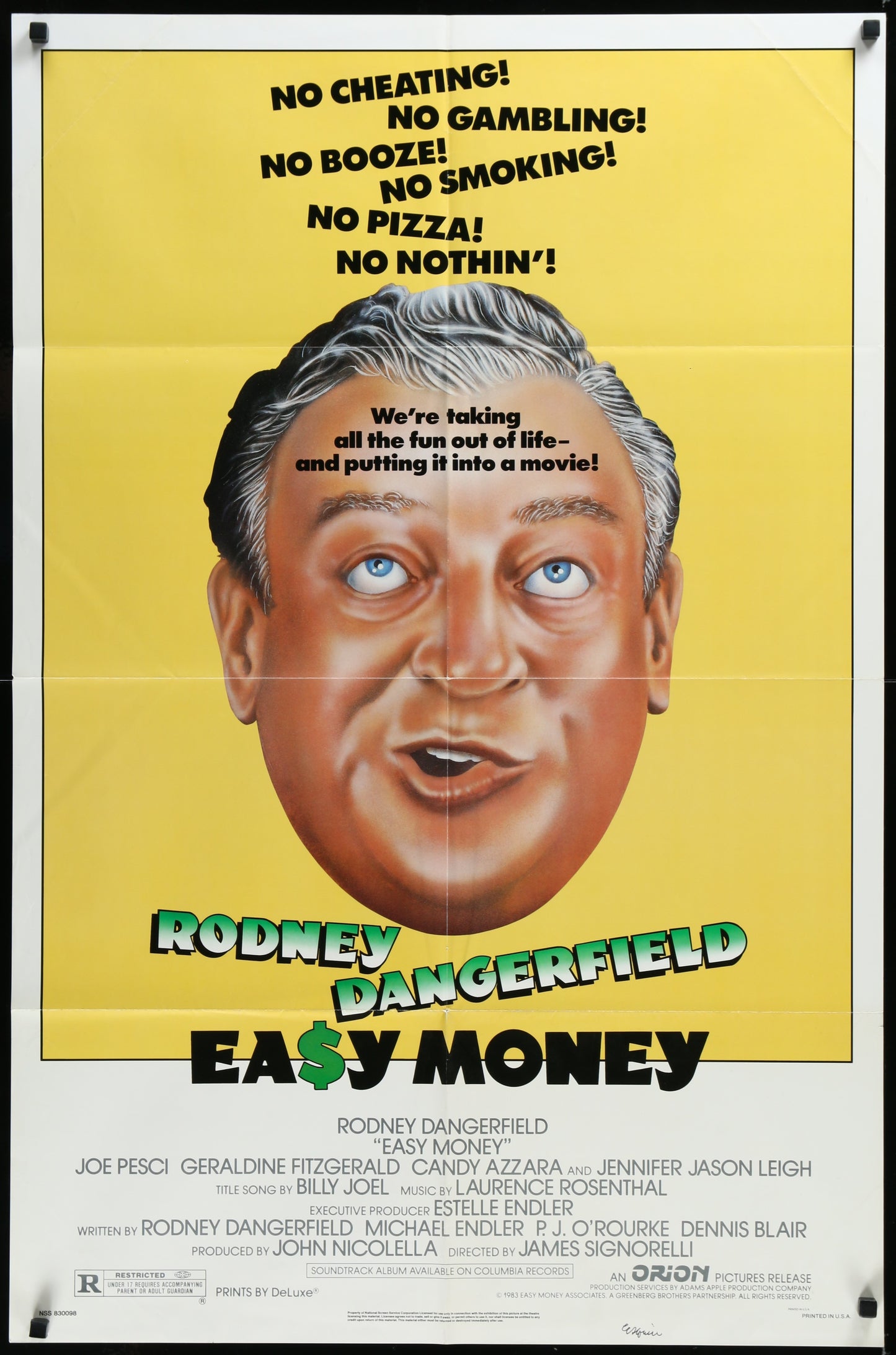 Vintage movie poster featuring Rodney Dangerfield with a yellow background, indicating the title 'Easy Money'.