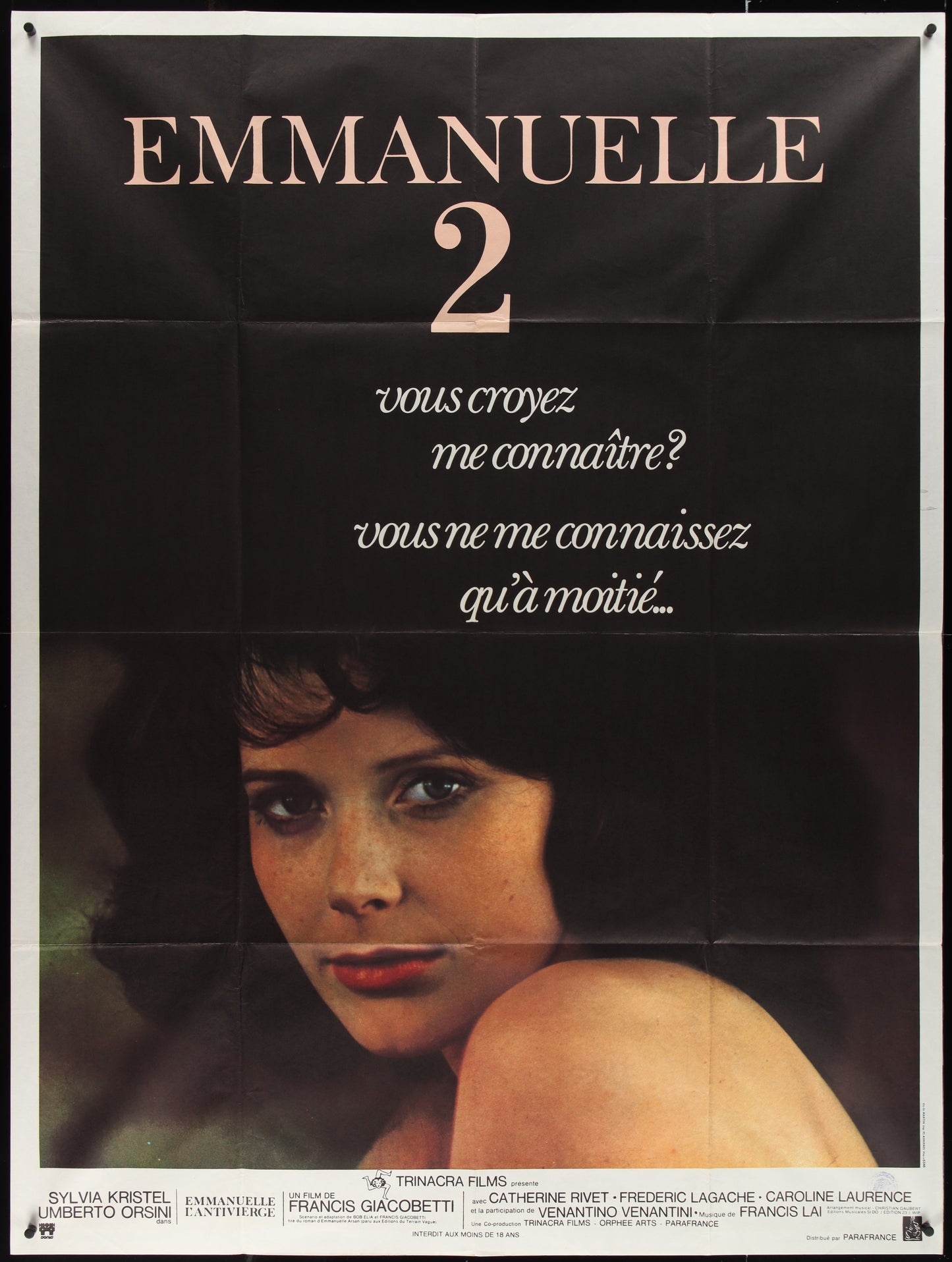 Original French one-panel movie poster for 'Emmanuelle 2' featuring an image of Sylvia Kristel with French text.