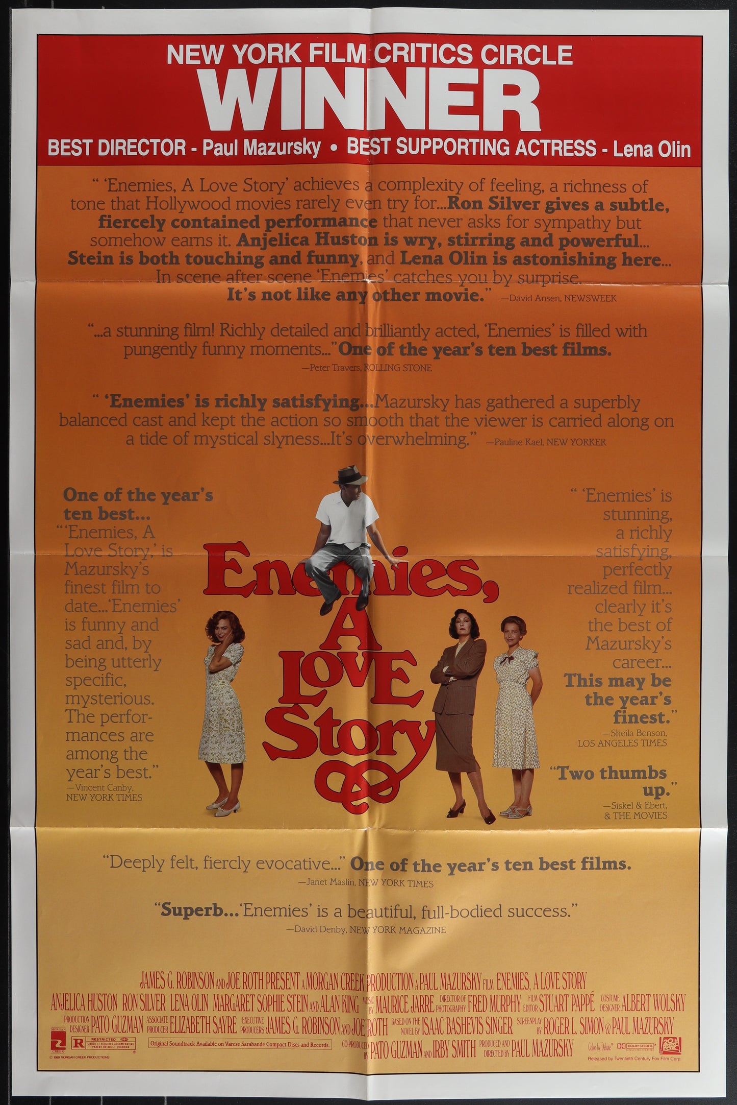 Vintage movie poster for 'Enemies A Love Story' featuring three characters prominently with a male figure in the foreground, a woman in the middle, and a third figure partially visible. The background is yellow with black text.