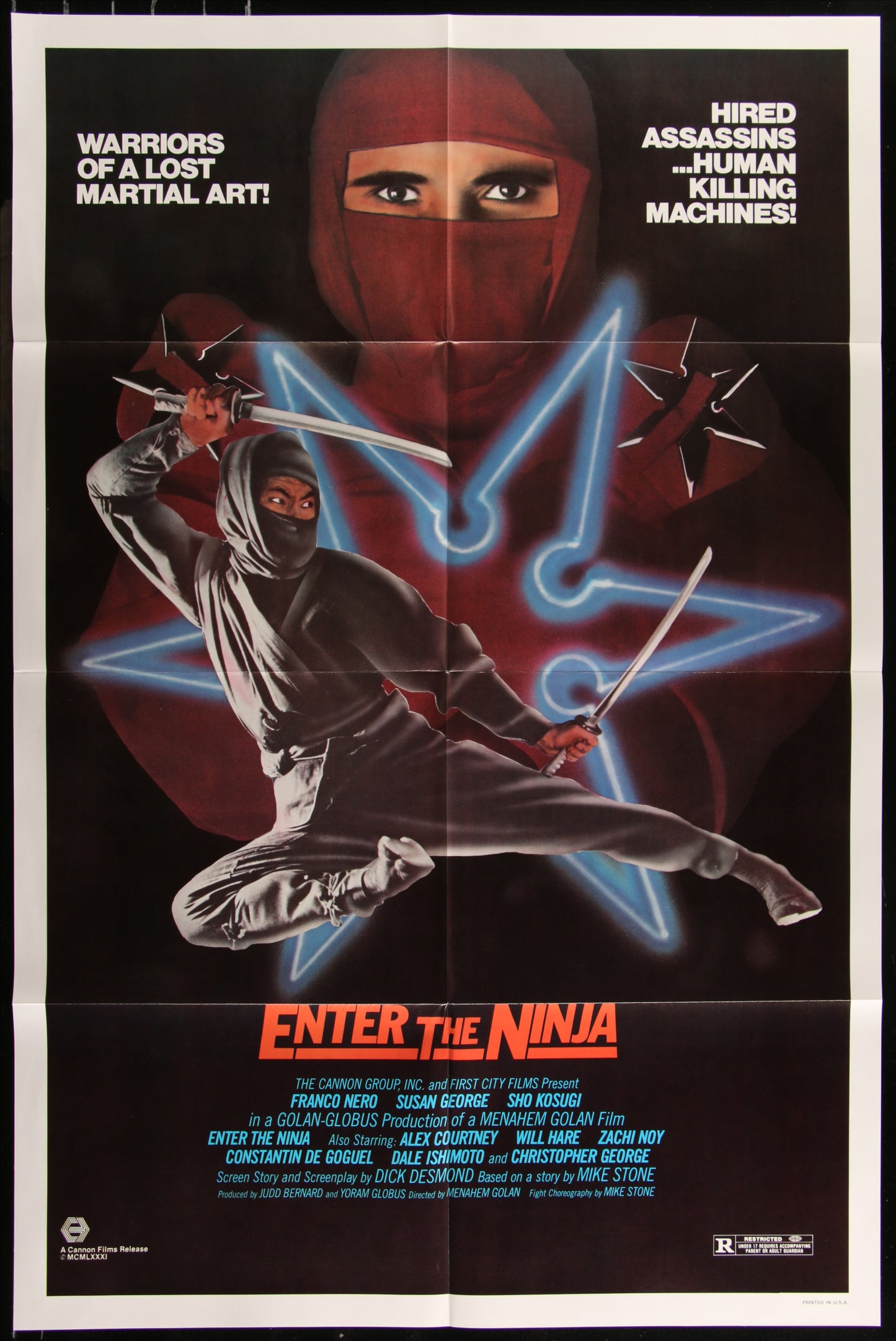 A folded one-sheet movie poster for the 1981 film 'Enter the Ninja', featuring an illustration of a ninja character with a red and blue light effect, and text including the movie title and names of the stars.