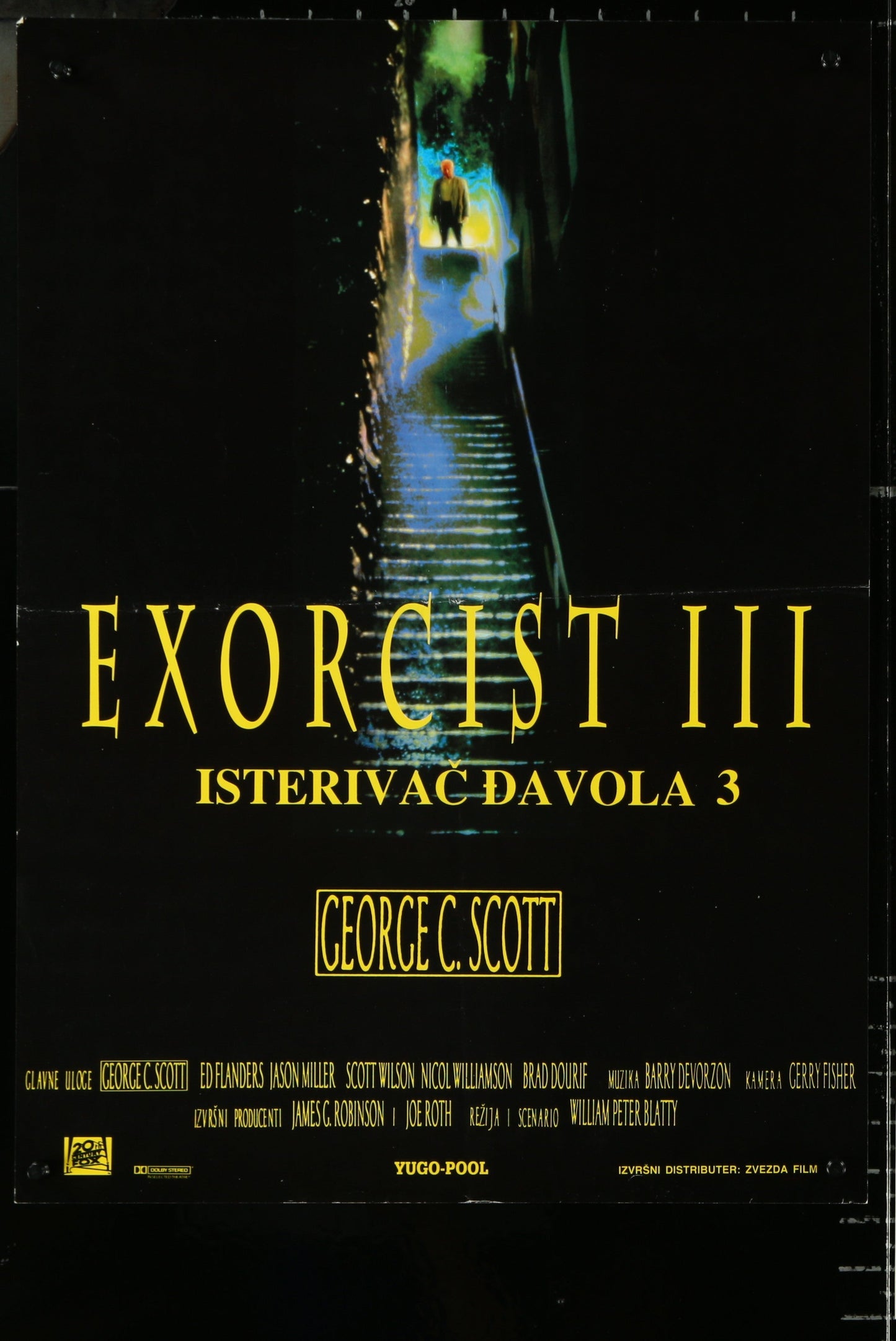Movie poster for 'Exorcist III' with a dark staircase and blue light.