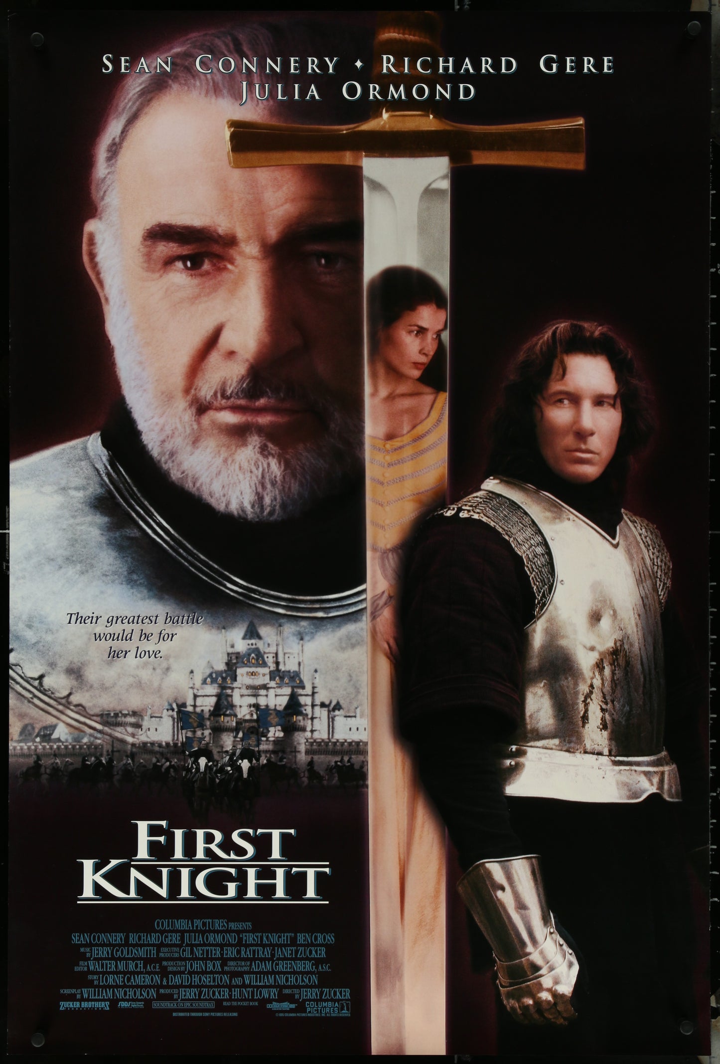 Original US one sheet movie poster for 'First Knight' featuring a portrait of Sean Connery and a background of a medieval castle.