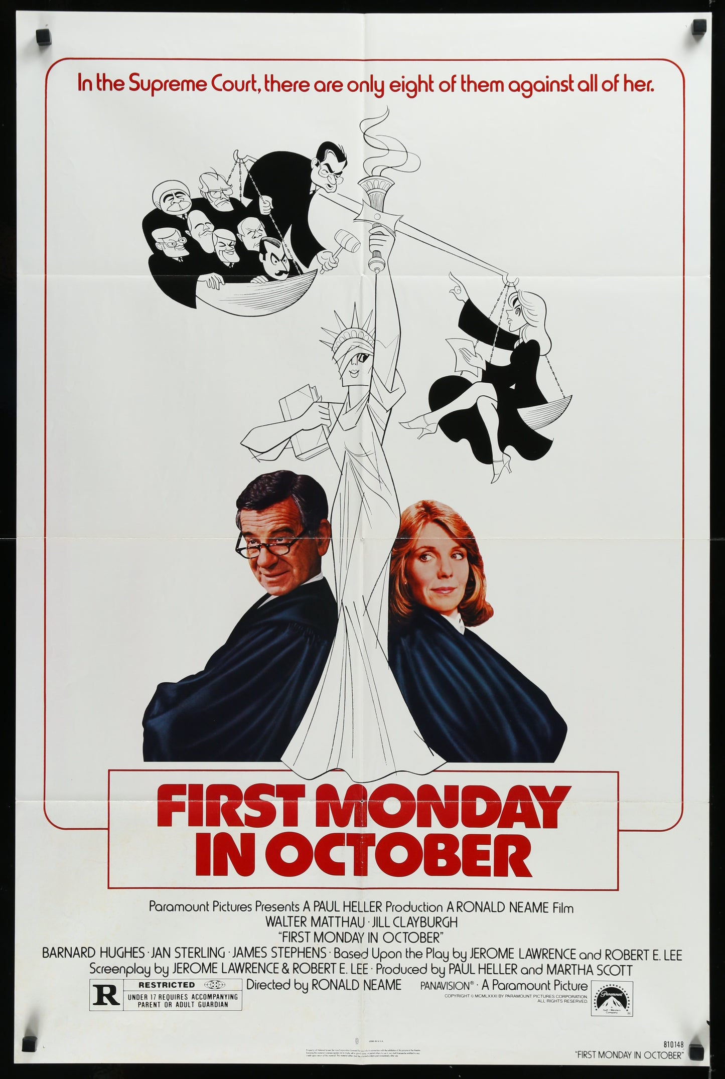 Original US one-sheet movie poster for 'First Monday In October' featuring illustrations of the main characters in a courtroom setting.