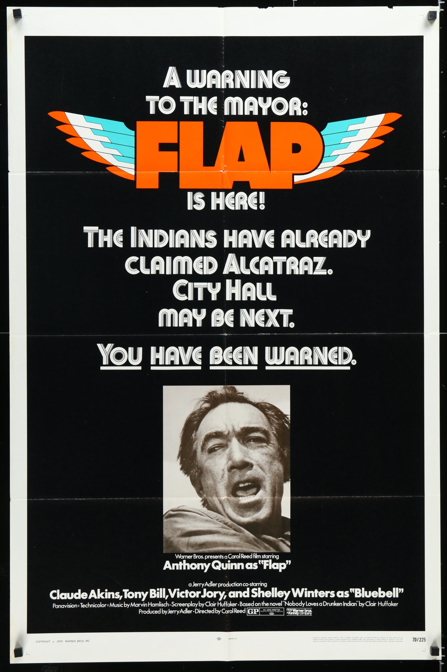 Vintage movie poster with text and a black and white photo of a man, featuring the title 'FLAP' and a warning message.