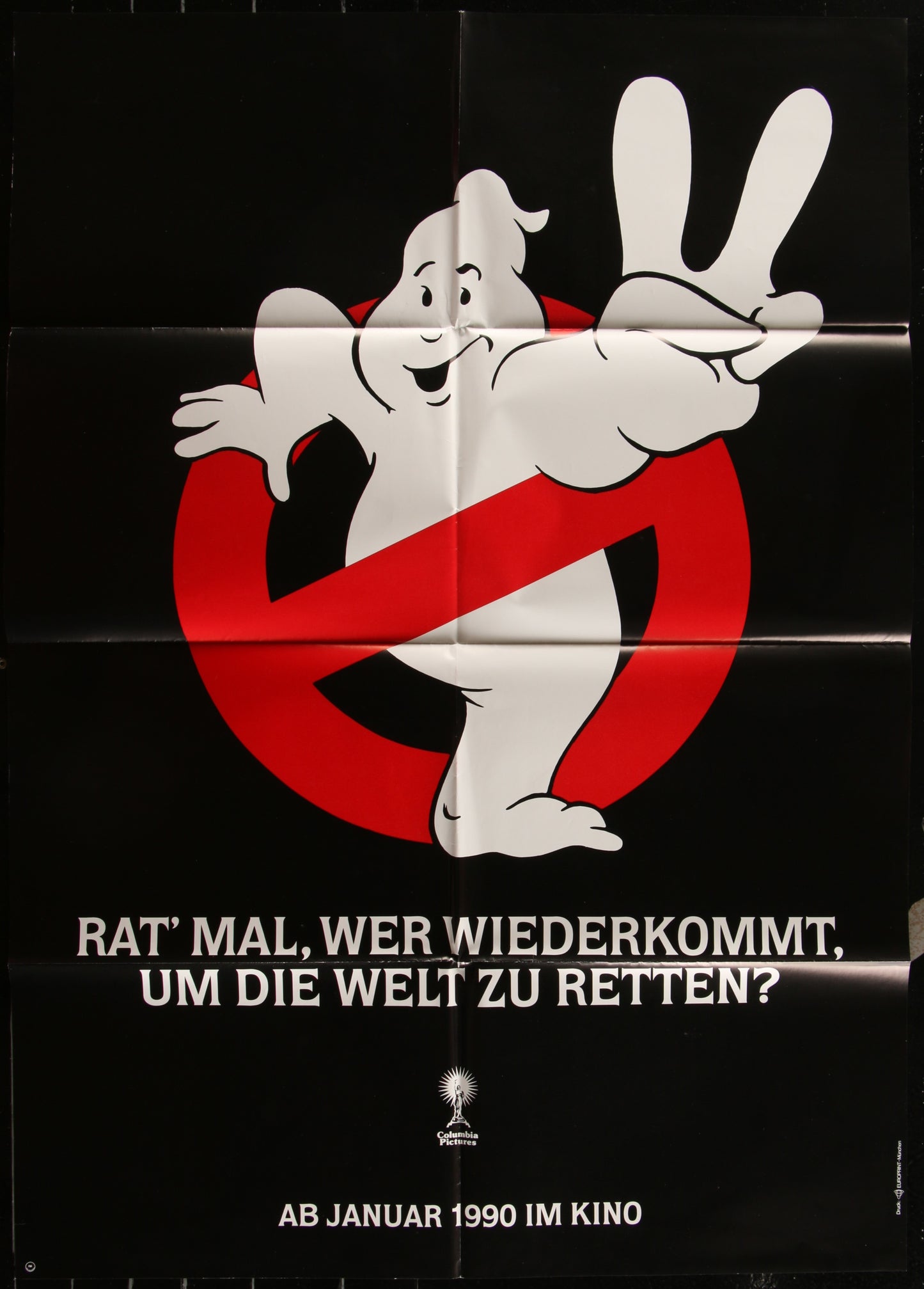 Original German one-sheet movie poster for 'Ghostbusters II' featuring a stylized illustration of the character 'Ghostbusters' in a black and red design, with German text and a date indication at the bottom.