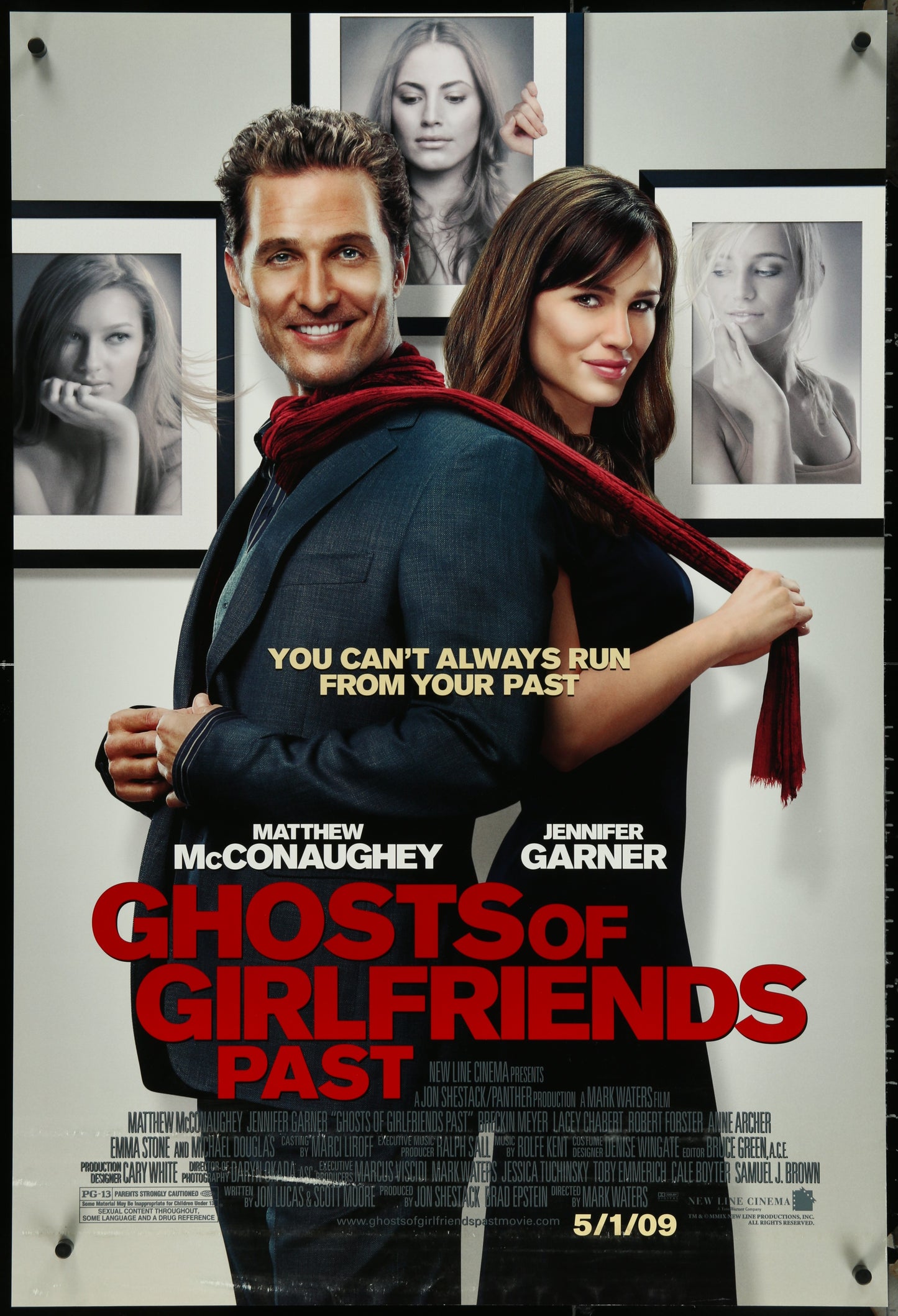 Movie poster for 'Ghosts of Girlfriends Past' featuring a couple with text about running from past relationships.