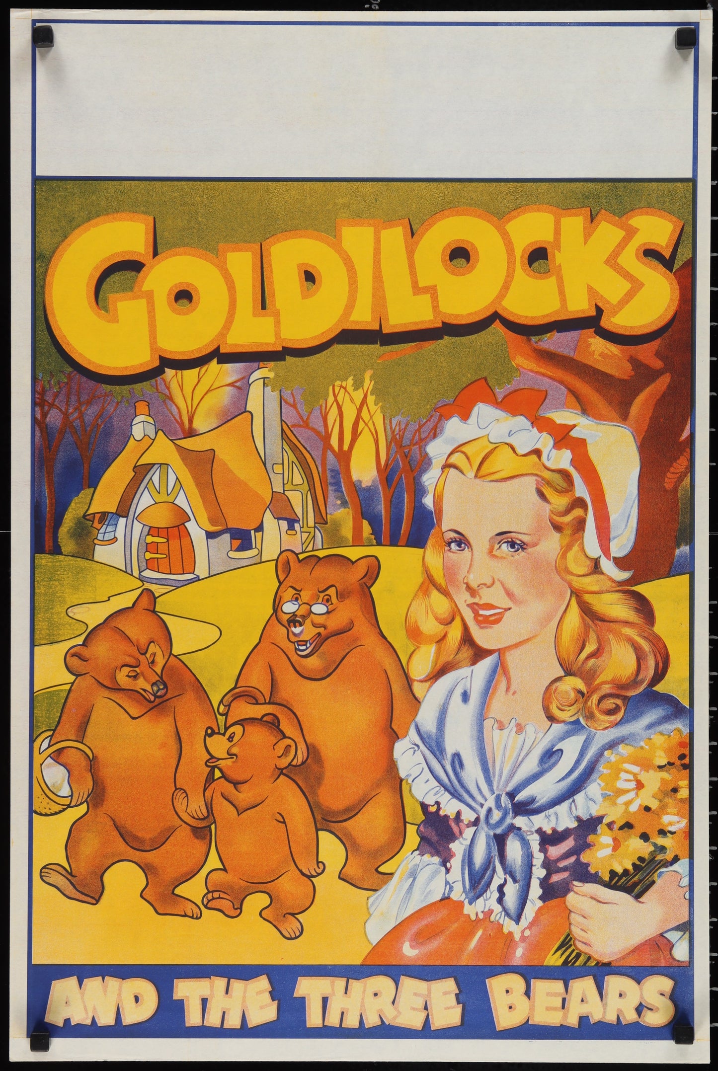 Vintage-style poster of Goldilocks and the Three Bears with colorful illustration.
