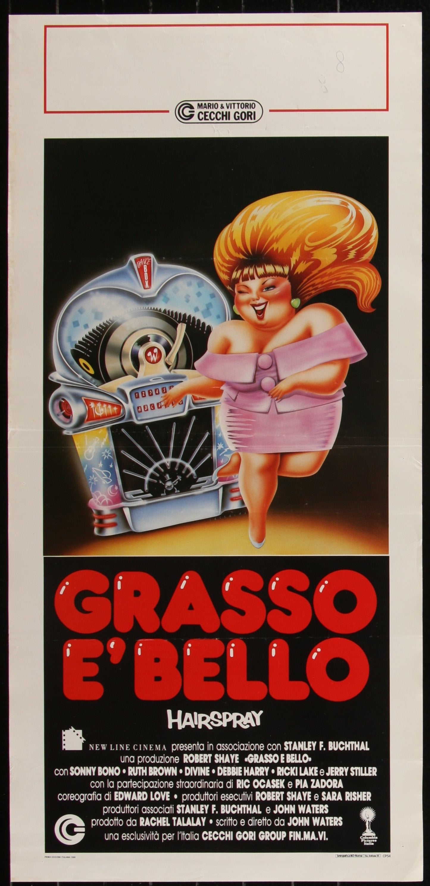 Vintage Italian movie poster for 'Hairspray' featuring a cartoon-style character in a pink dress and white hair, with a background of a pinball machine, set against a red background. The text is in Italian and includes the title 'HAIRSPRAY' and the word 'Locandina'.