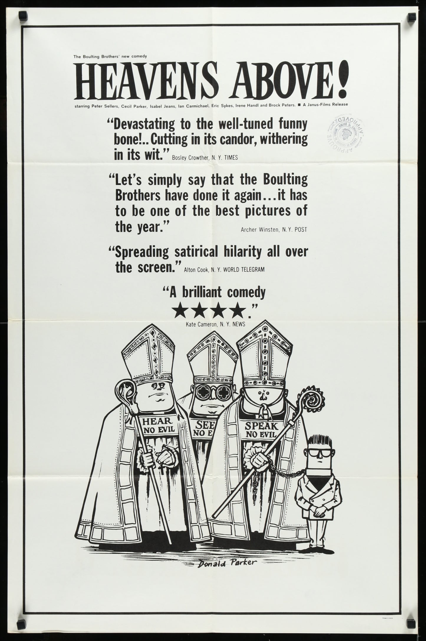 Original US one-sheet movie poster for 'Heaven's Above!' featuring cartoon depictions of three men in religious garb, with the title and quotes at the top.