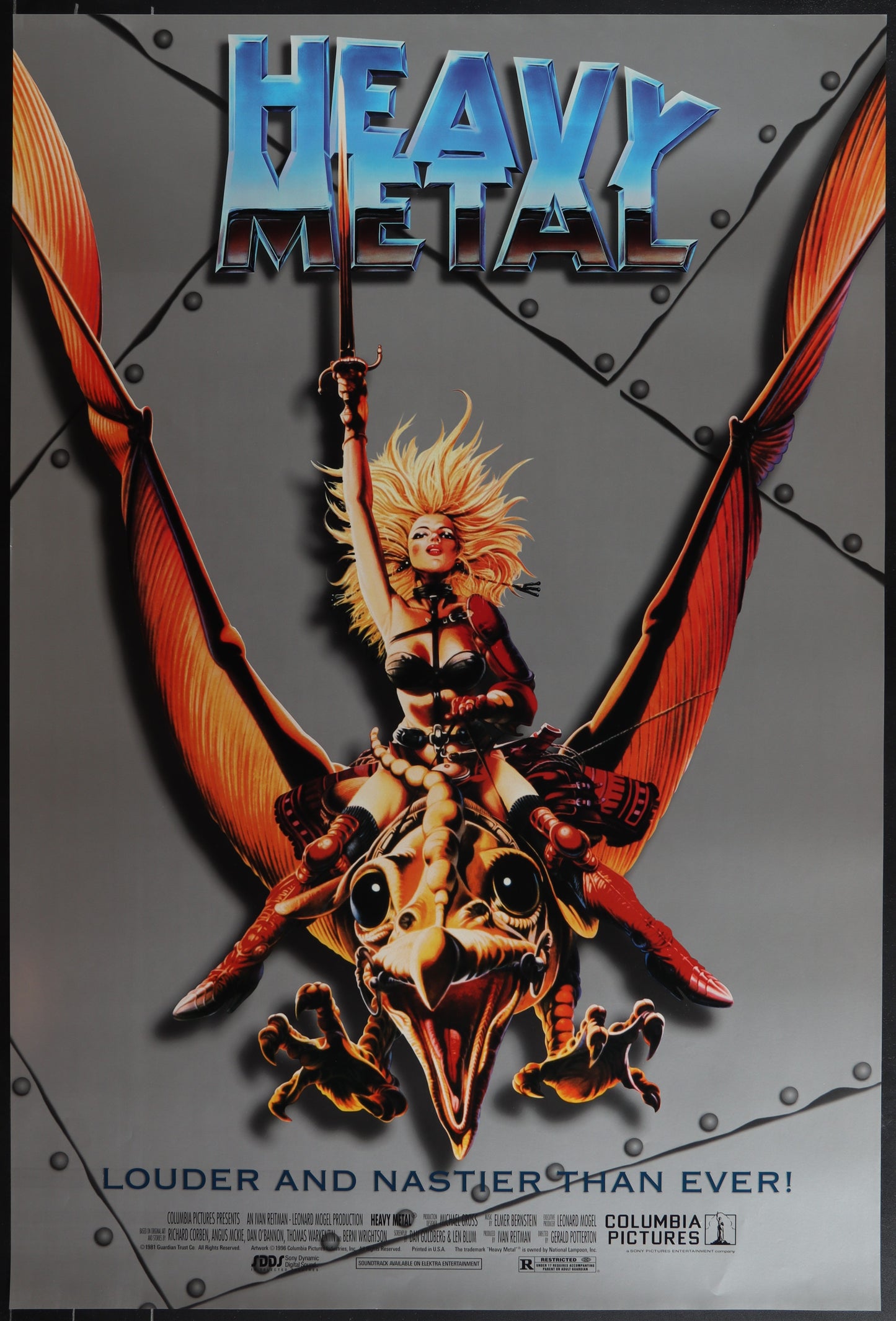 Original US one sheet movie poster for 'Heavy Metal' featuring a character riding a dragon with the text 'Heavy Metal' and the tagline 'Loud and Nasty Since 1981'.