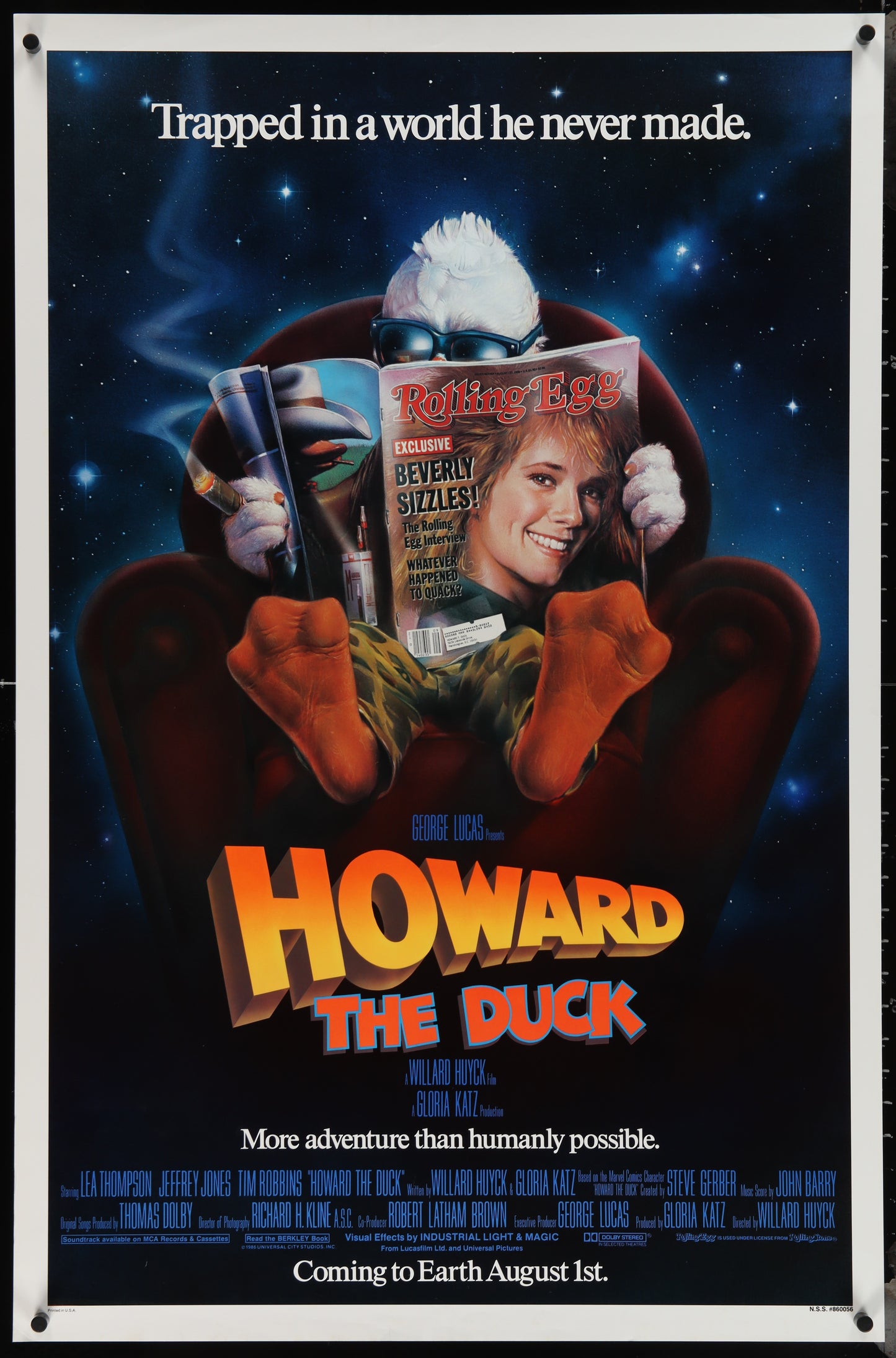 Movie poster for 'Howard the Duck' with a character holding a magazine.