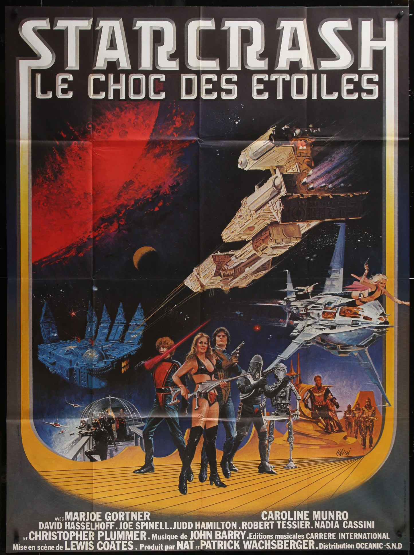 Vintage movie poster for 'Starcrash' with space ships and characters in front of a starry sky.