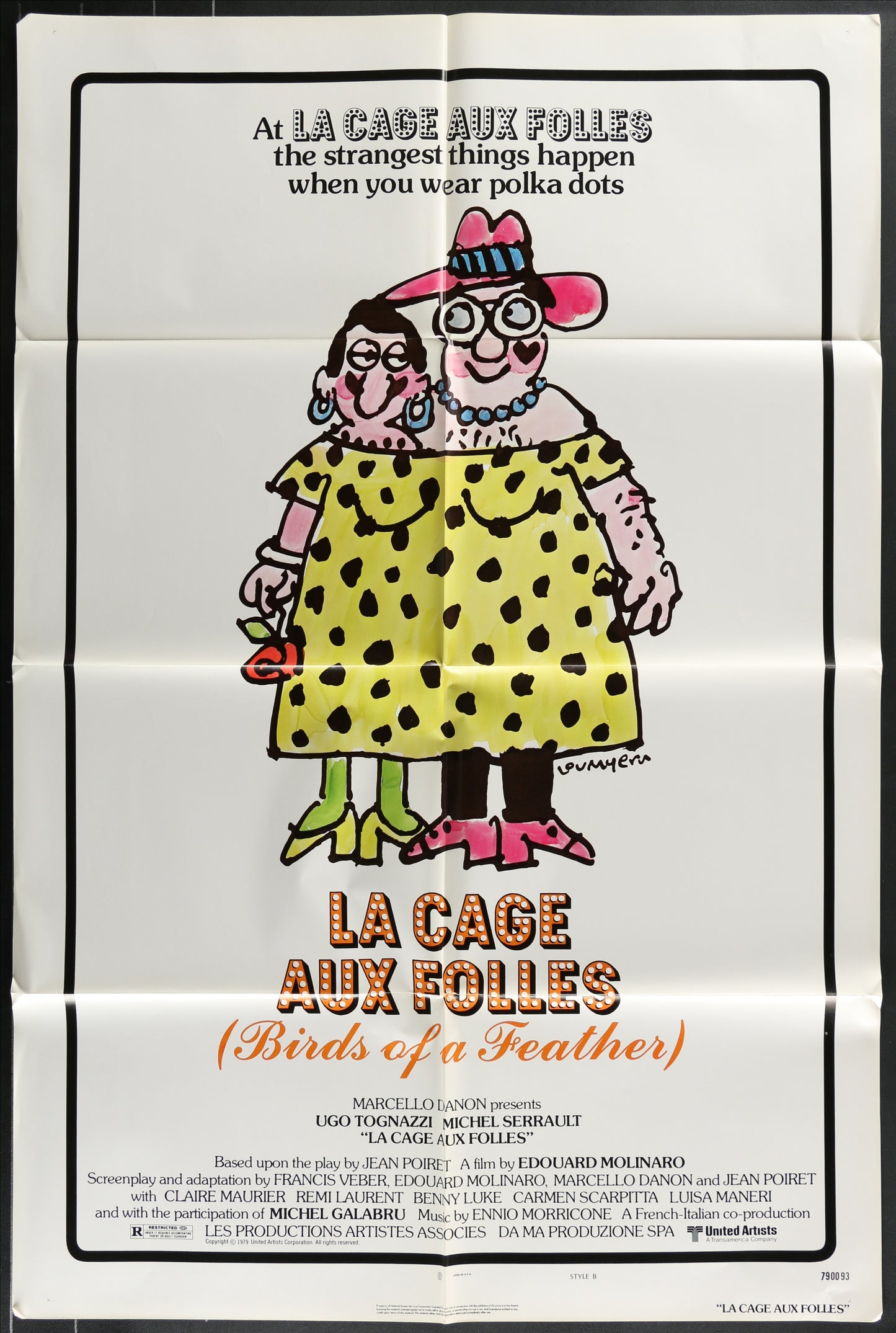 Original US one sheet movie poster for La Cage Aux Folles (1978). Classic French-Italian comedy directed by Édouard Molinaro starring Ugo Tognazzi and Michel Serrault. Vintage folded poster (27 x 41 inches) featuring the iconic nightclub scene. Minor wear consistent with age.