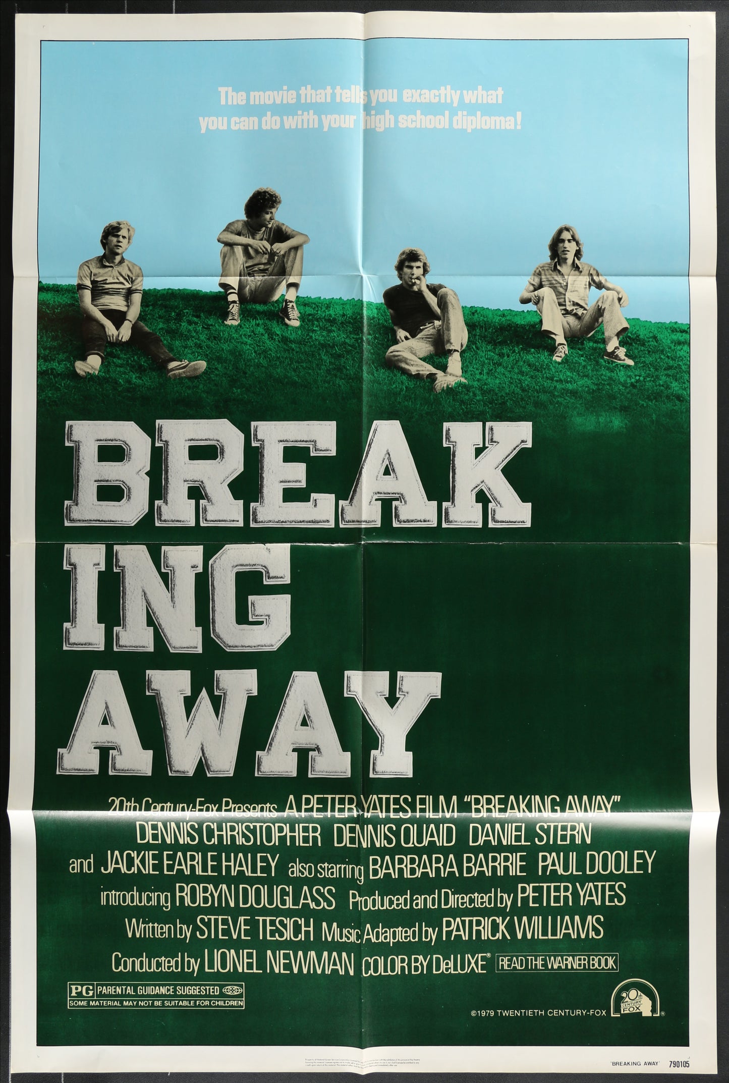Original US one sheet movie poster for Breaking Away (1979), directed by Peter Yates, featuring Dennis Christopher, Dennis Quaid, and Jackie Earle Haley. Folded poster measuring 27 x 41 inches with some wear on edges and folds.