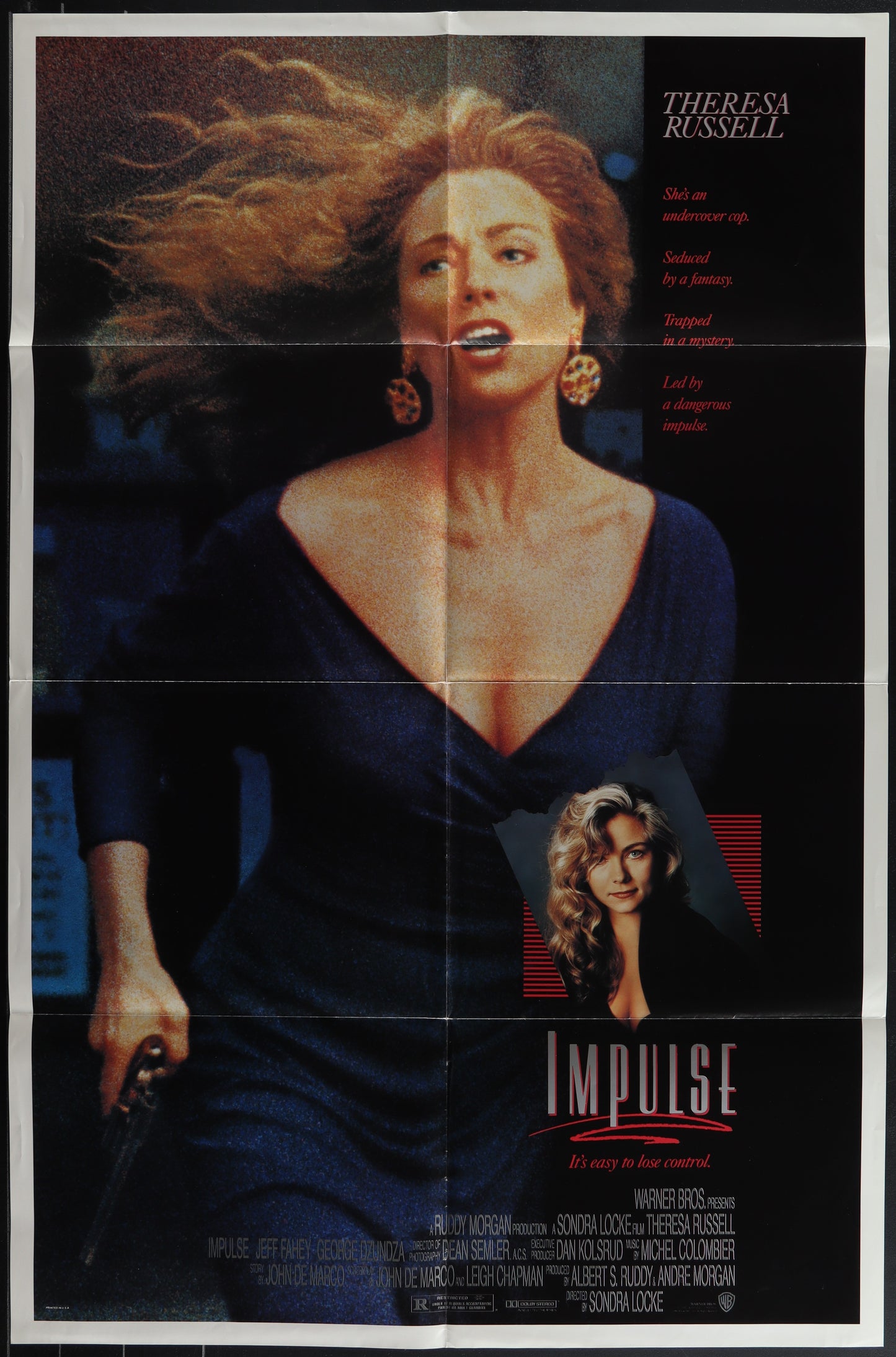 Vintage style movie poster for 'Impulse' featuring a woman in a blue dress with a gun, and a smaller inset photo of a man.