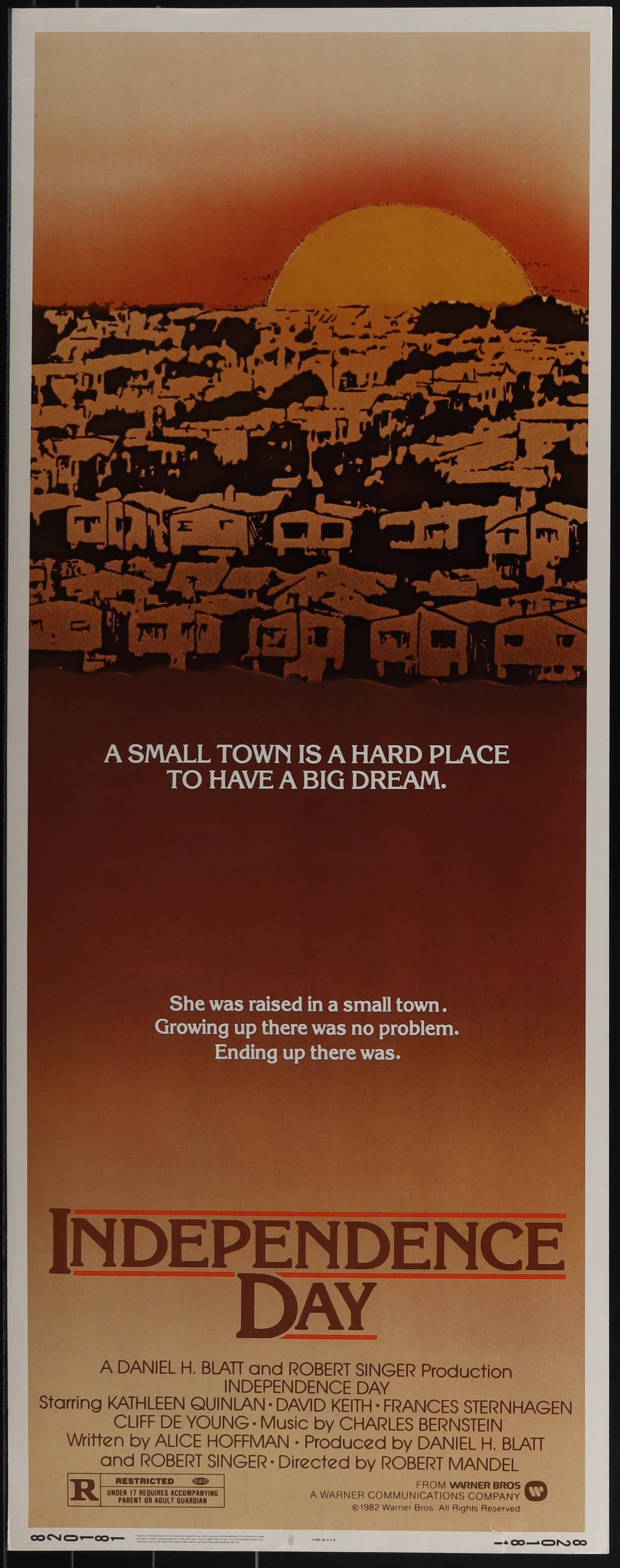 A vintage movie poster for 'Independence Day' (1982) featuring a desert landscape with a sunset and text detailing the film's plot and cast.