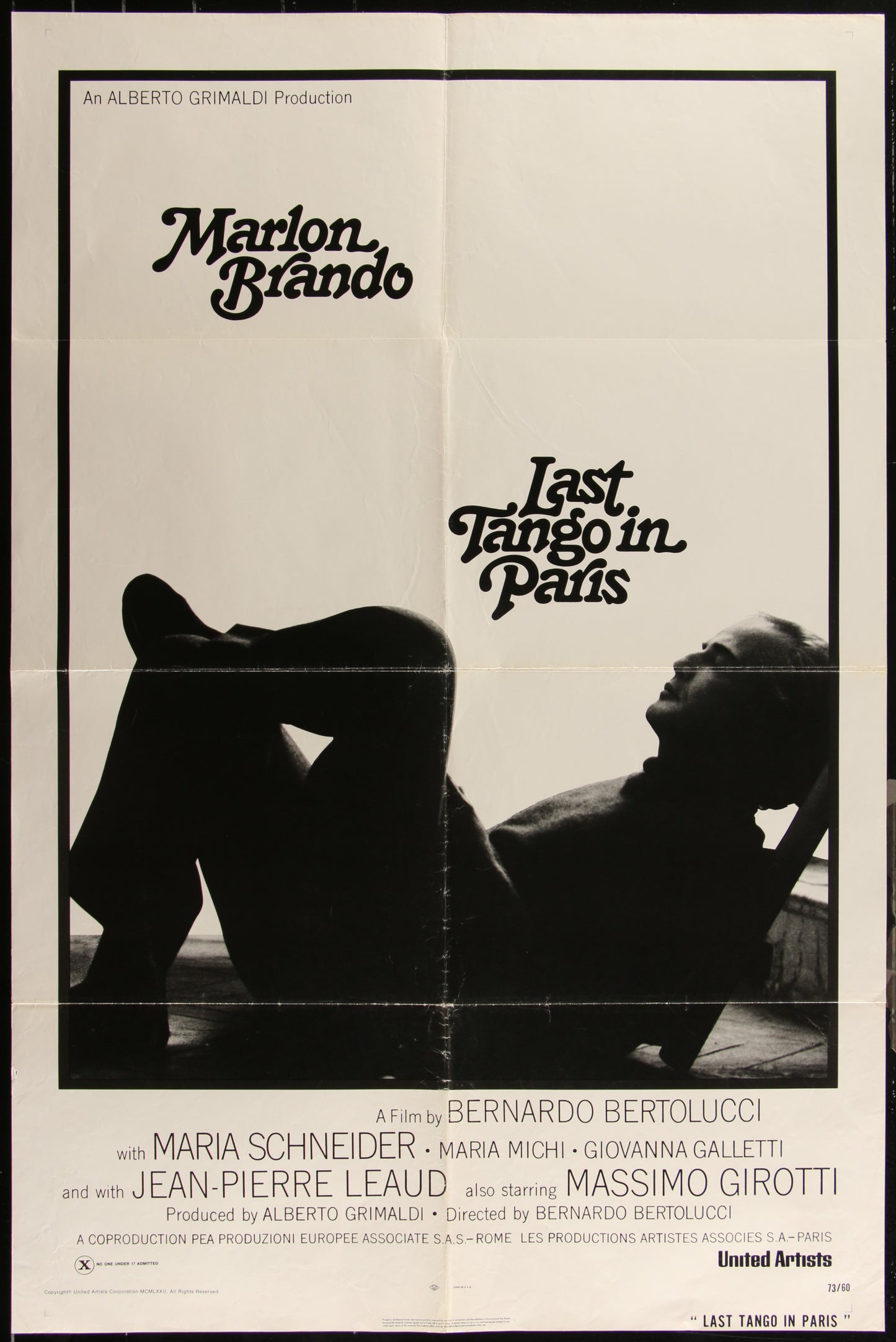 Original US one sheet movie poster for 'Last Tango In Paris' featuring Marlon Brando and Maria Schneider.