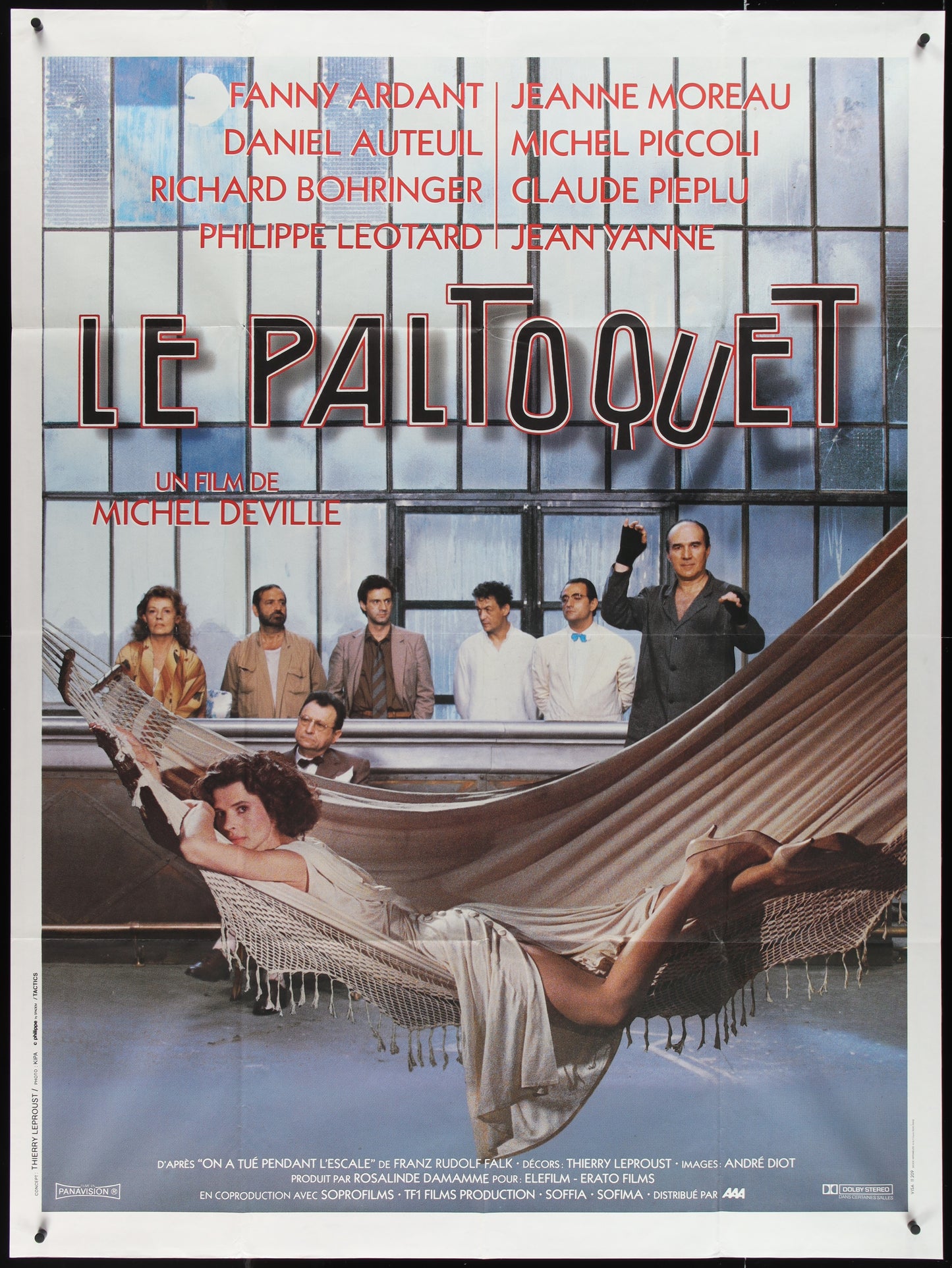Vintage style movie poster for 'Le Paltoquet' featuring a woman in a white dress on a hammock, surrounded by a cast list and the film's title.